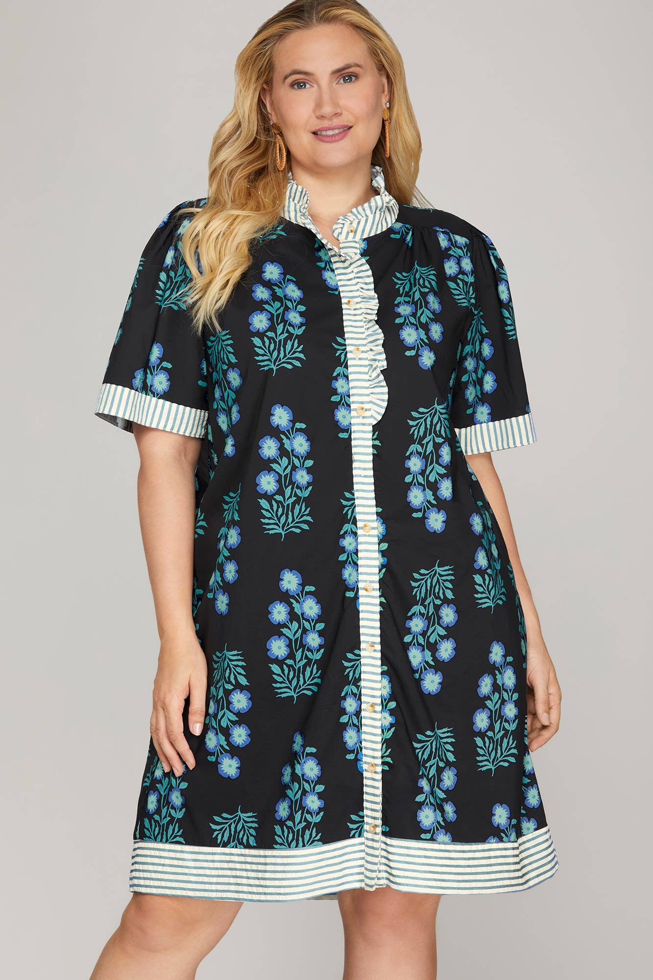 Plus Button Down Printed Mini Dress: BLACK/BLUE / 2-2-2(XL-1XL-2XL)