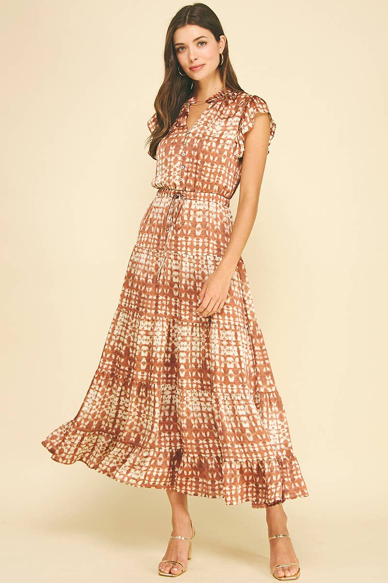 EYE-CATCHING PRINT TIERED MAXI DRESS - 6647DA: RUST / M