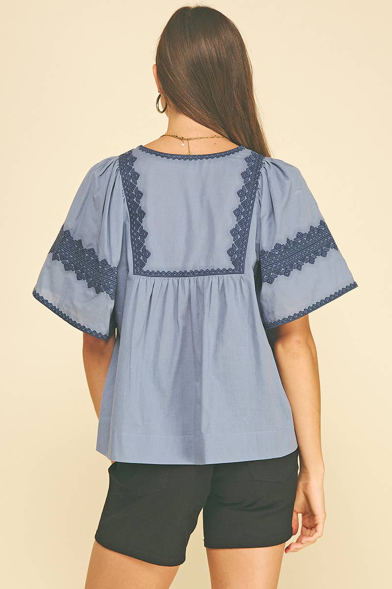 BOHO EMBROIDRED PUFF SLEEVE BLOUSE - 7132T: Blue / S