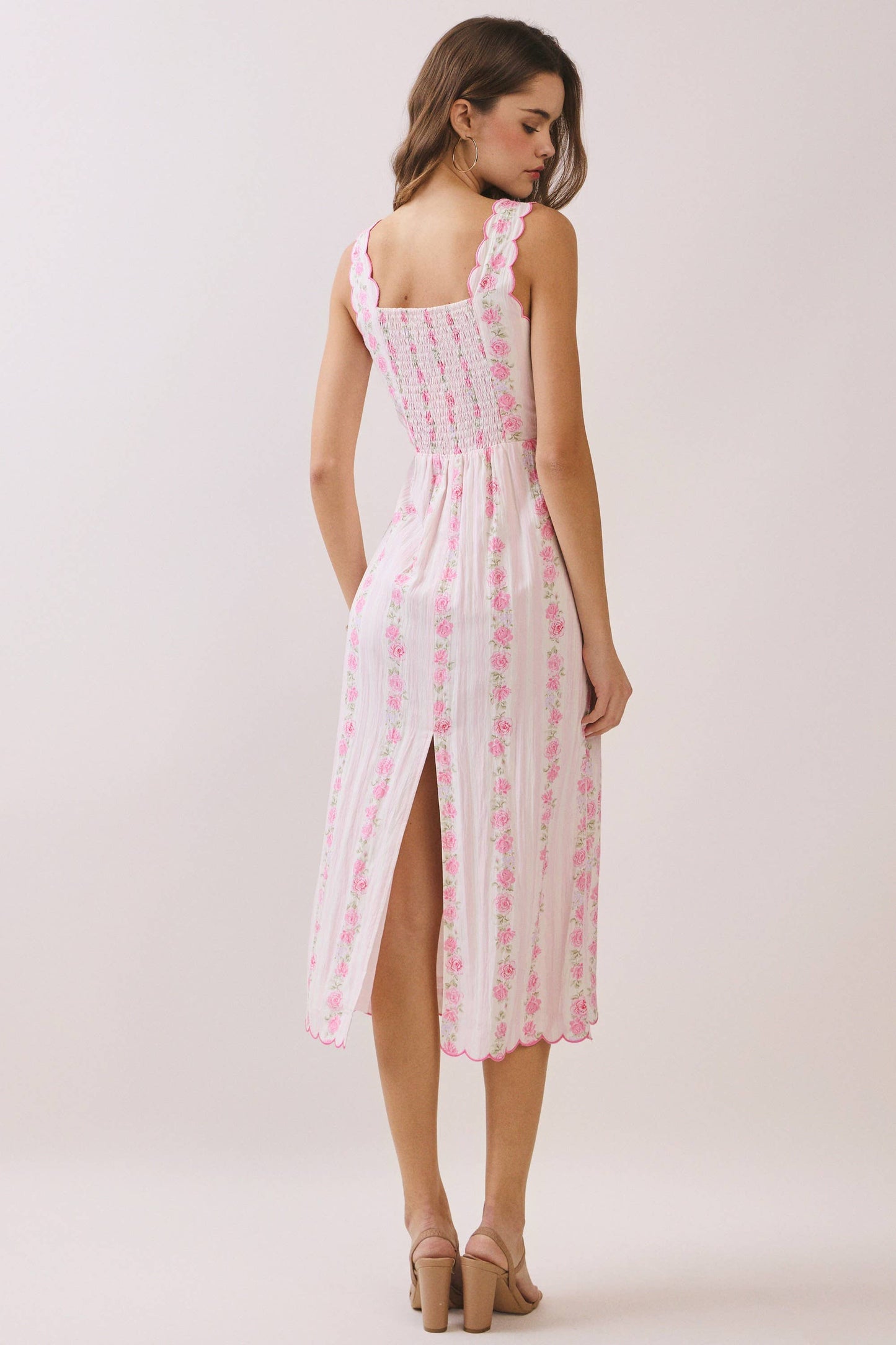 CD06749-Floral Print Scalloped Detail Back Smocked Dress: Pink / S