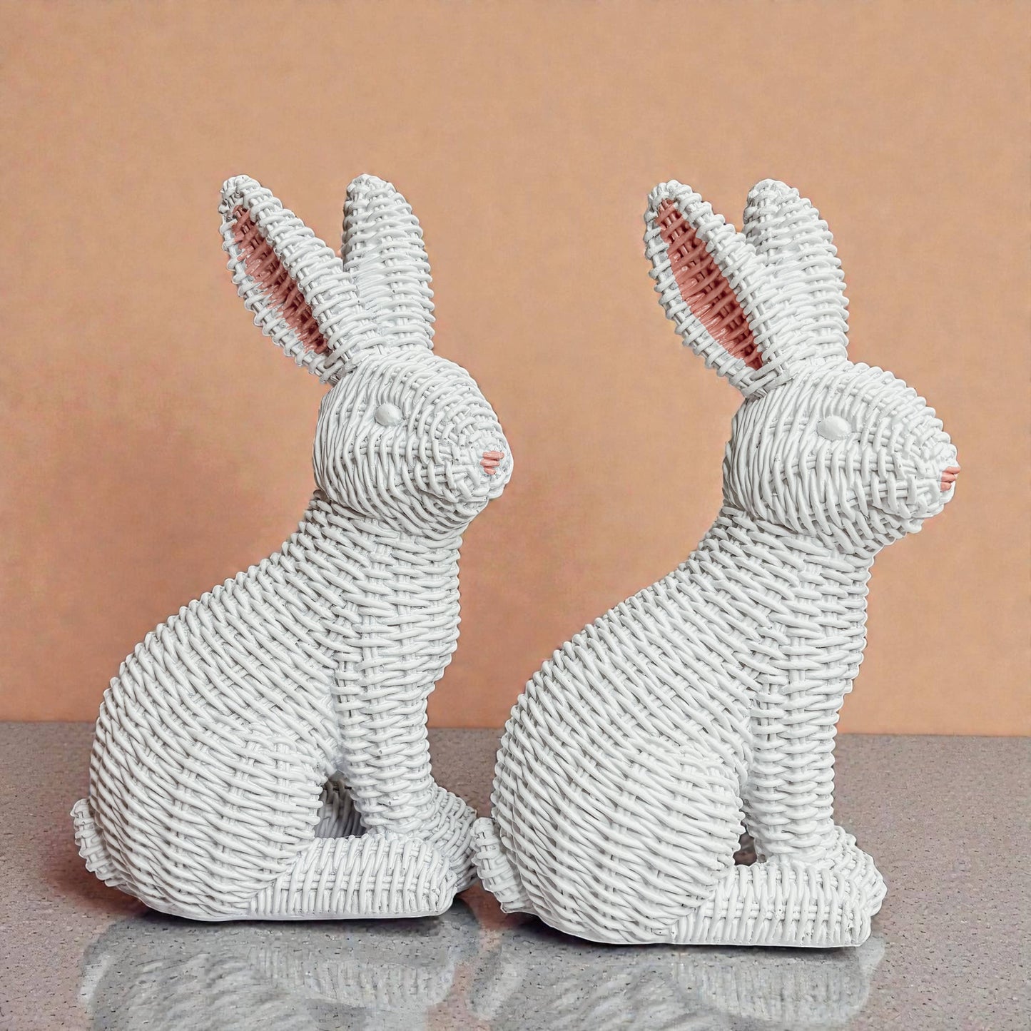 Easter Farmhouse Home Decor, Resin Bunny Figurine Rattan : White