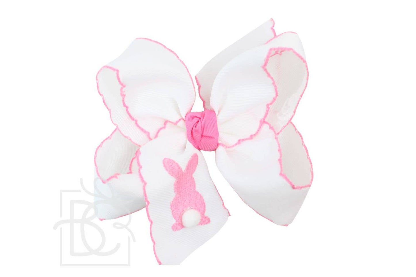 EMBROIDERED EASTER CROCHET EDGE BOWS: White w/ Hot Pink Crochet Edge- Hot Pink Bunny / 4.5" Large - 1.5" Ribbon on Alligator Clip
