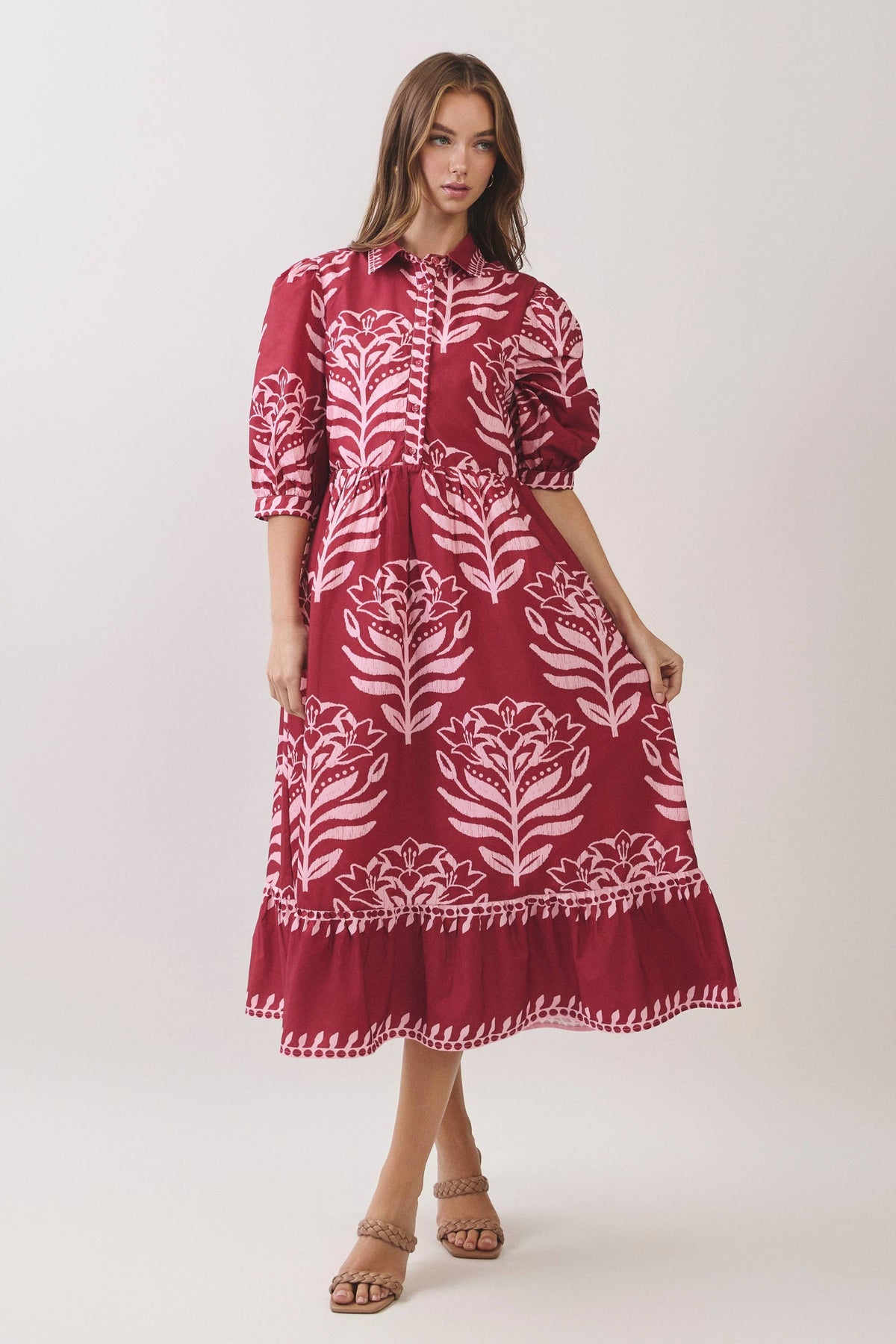 CD07496-Floral Print Puff Sleeve Midi Dress: BERRY / S