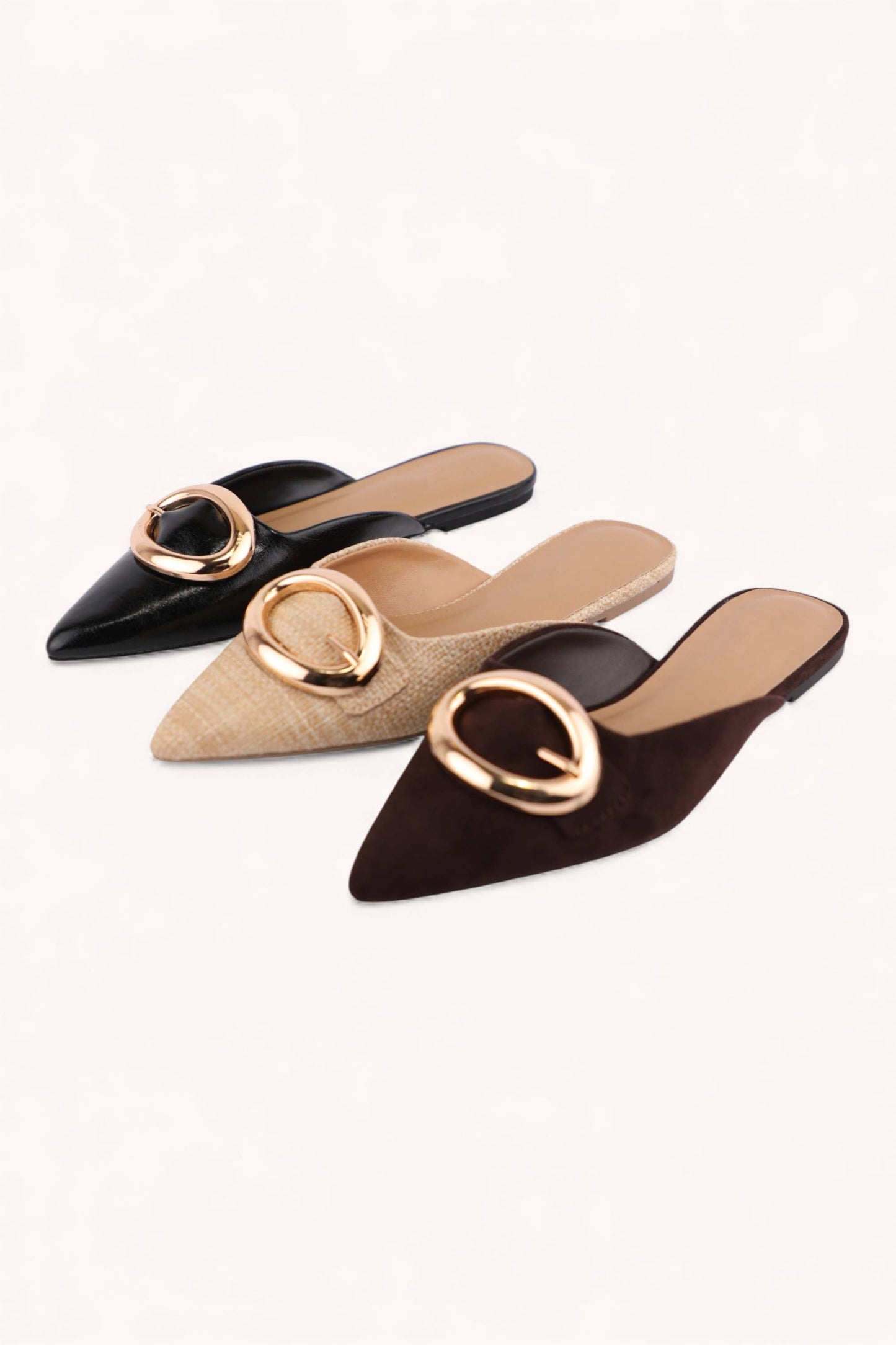 JAMIE-C MODERN WARDROBE GOLD BUCKLE POINTED TOE MULES: NATURAL RAFFIA / B18