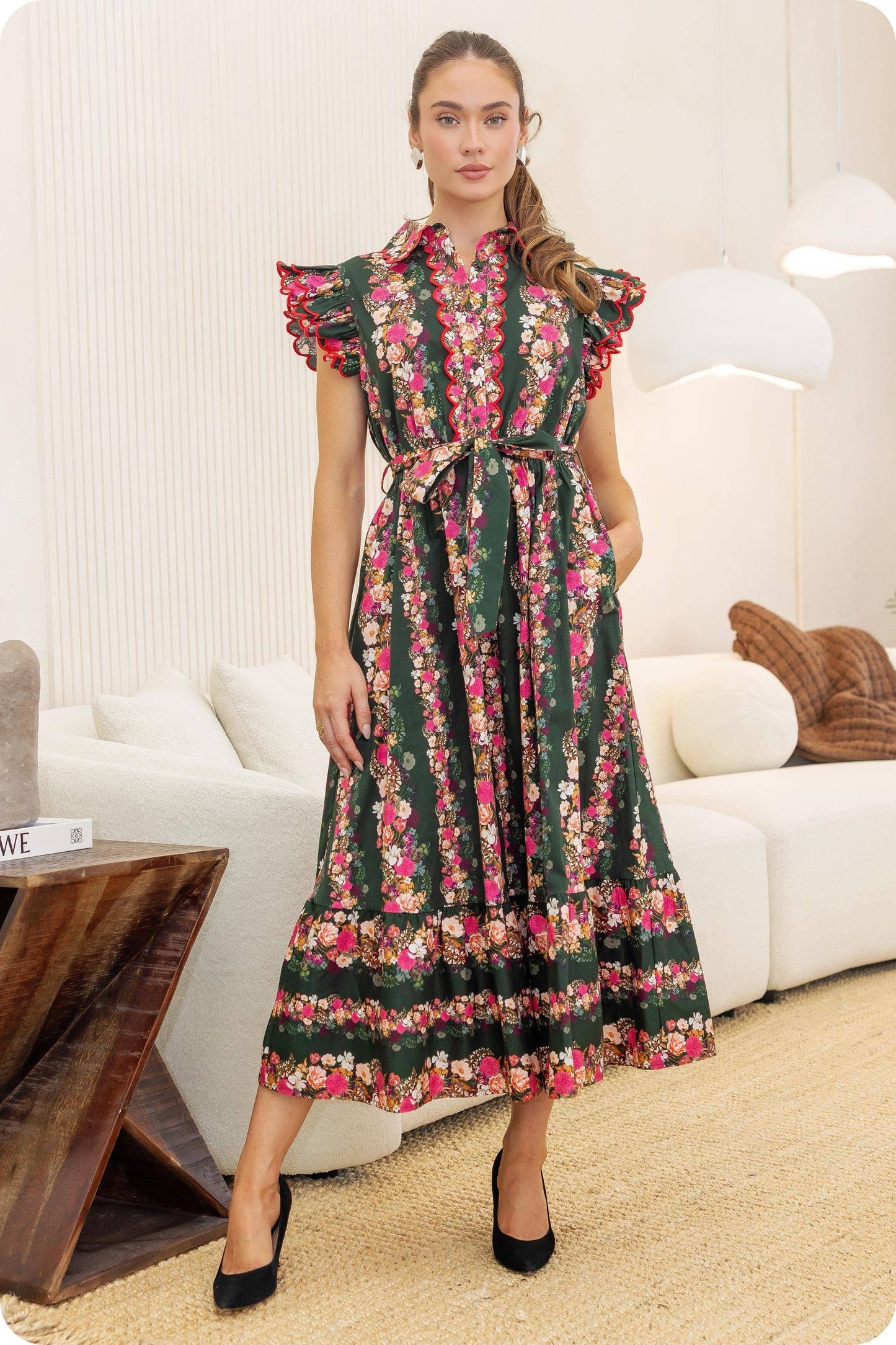 Ruffle Scallop Embroidery Floral Midi Dress: Deep Green/pink Multi / S