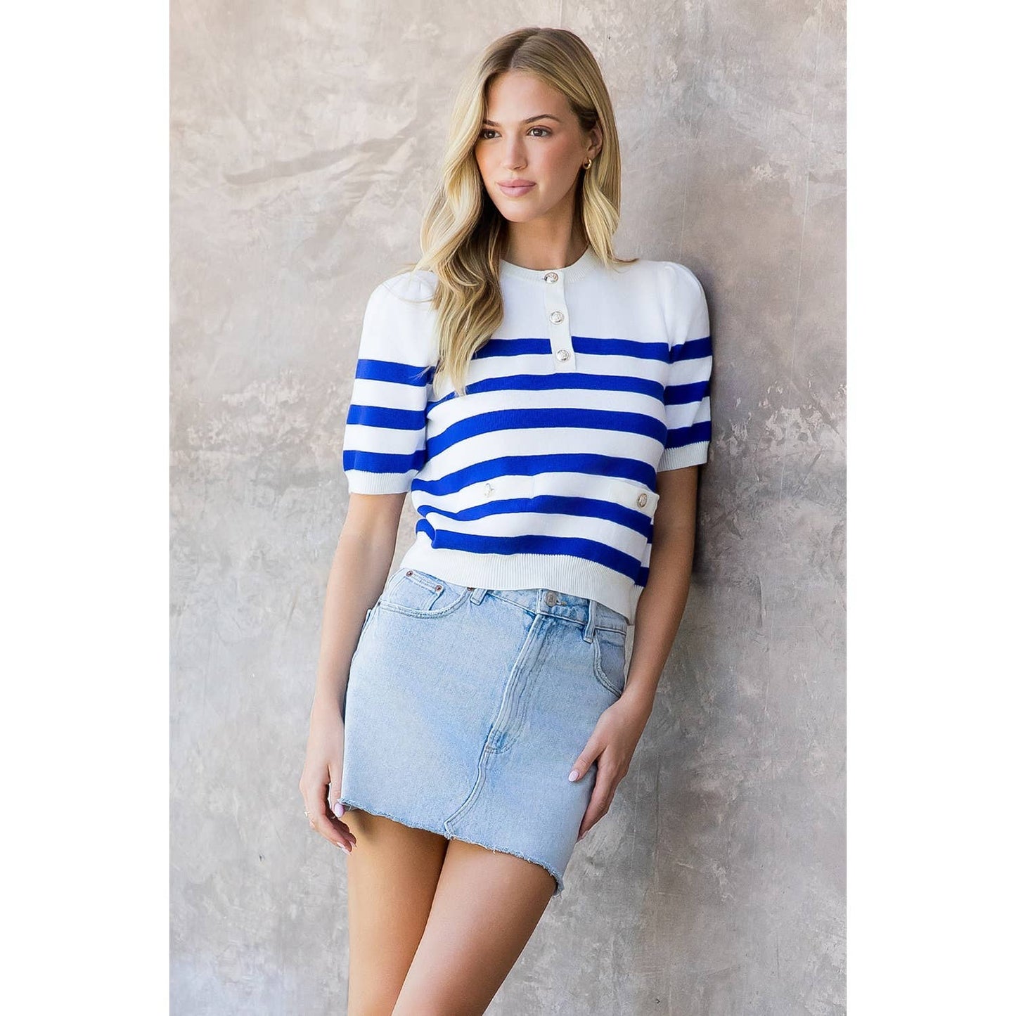 Short Sleeve Striped Knit Top: ORANGE / XS-S-M-L(1-2-2-1)