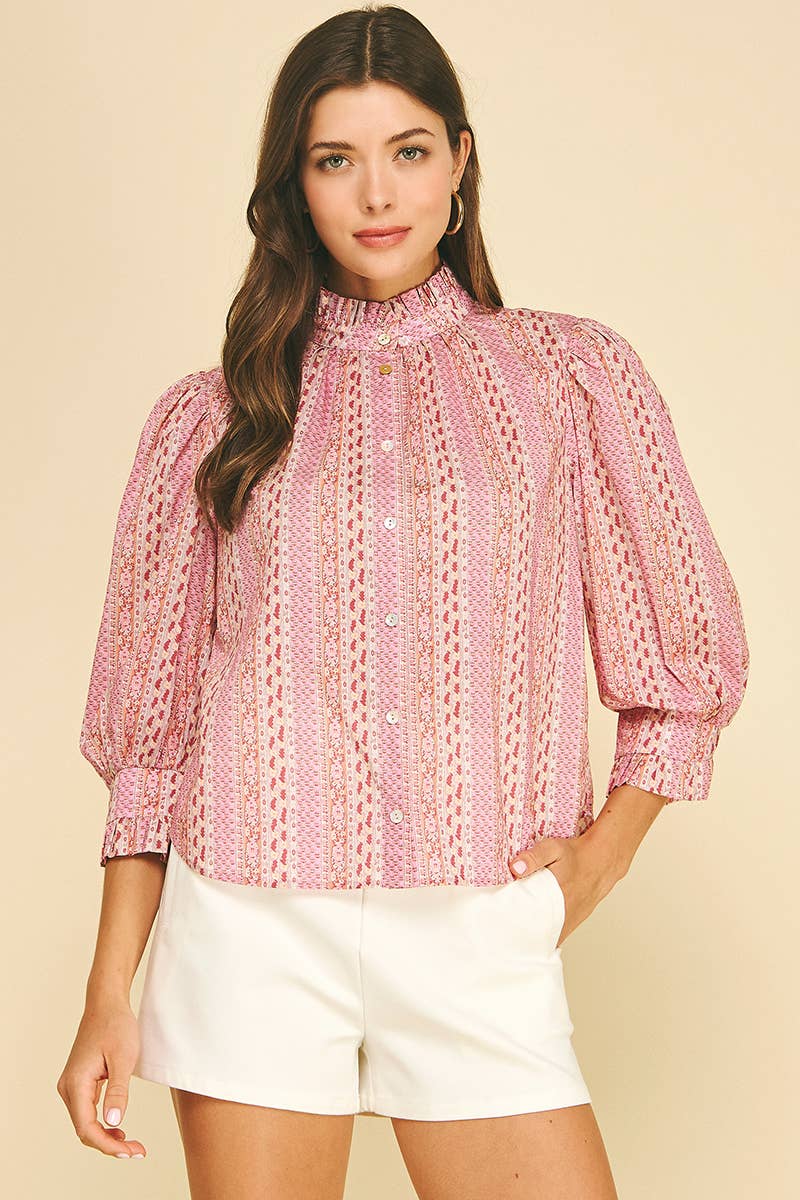 FLORAL BOTANICAL PRINT BUTTON DOWN BLOUSE - 7450T: GREEN MULTI / M