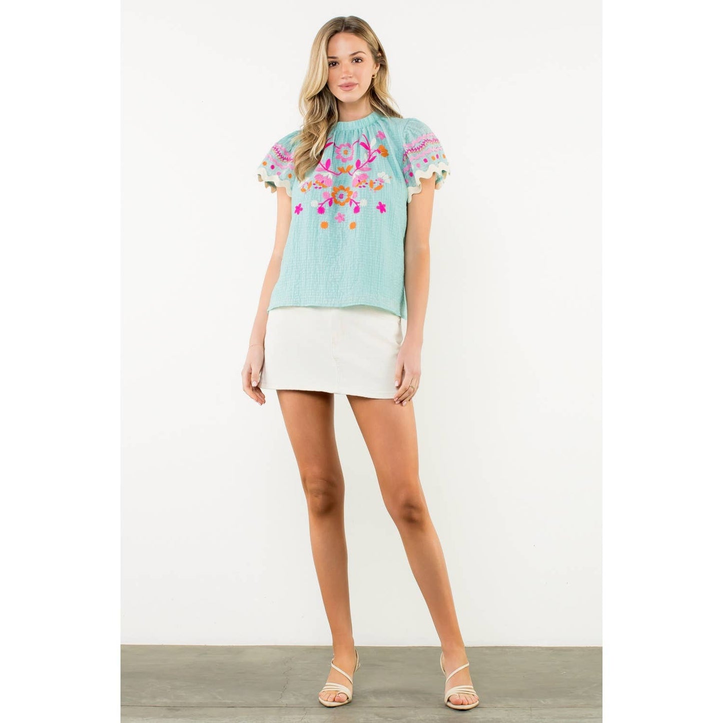 Flutter Sleeve Embroidered Detail Textured Top: AQUA / XS-S-M-L(1-2-2-1)