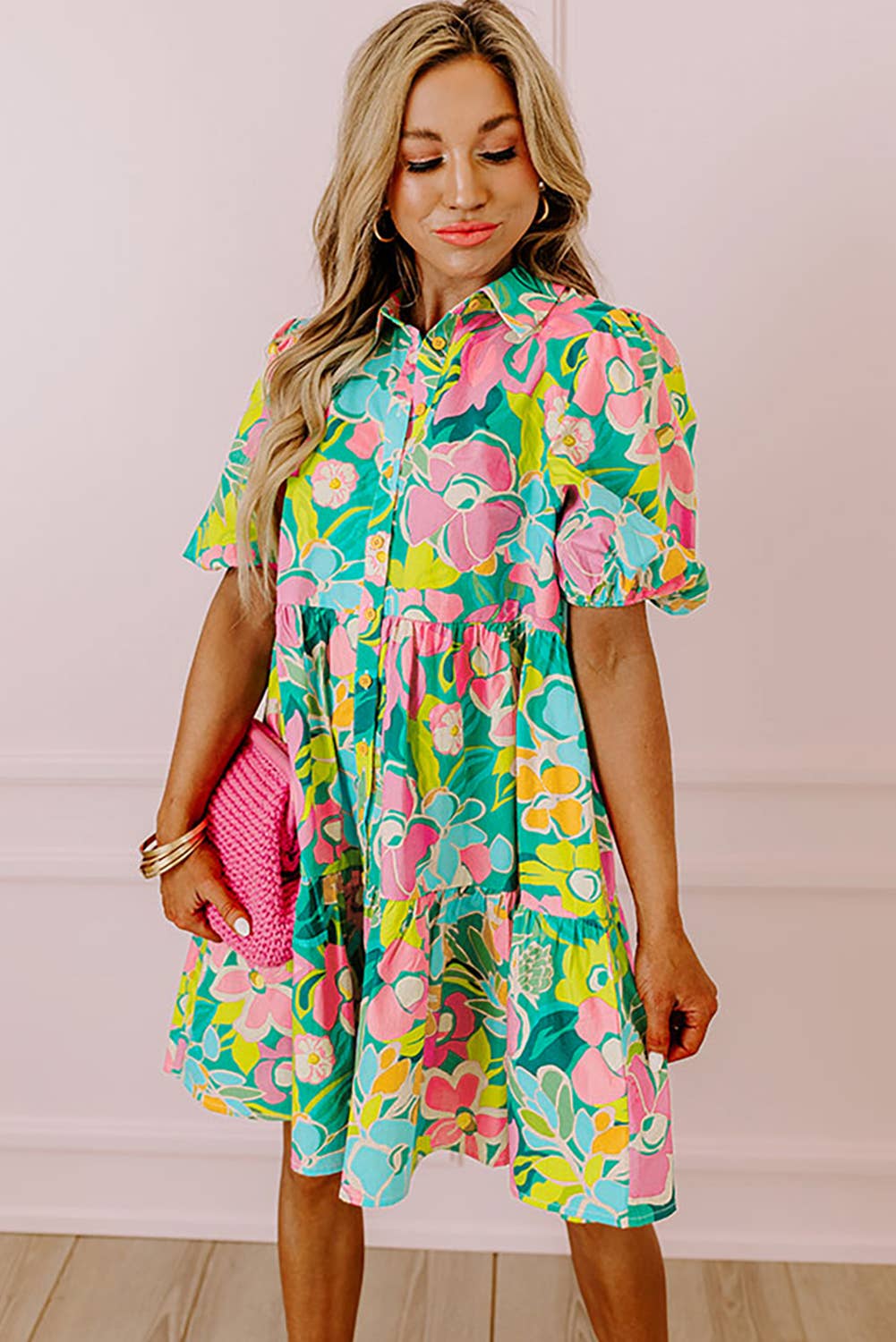 Floral Puff Sleeve Collar Buttoned Babydoll Dress: Green / 100%Polyester / L