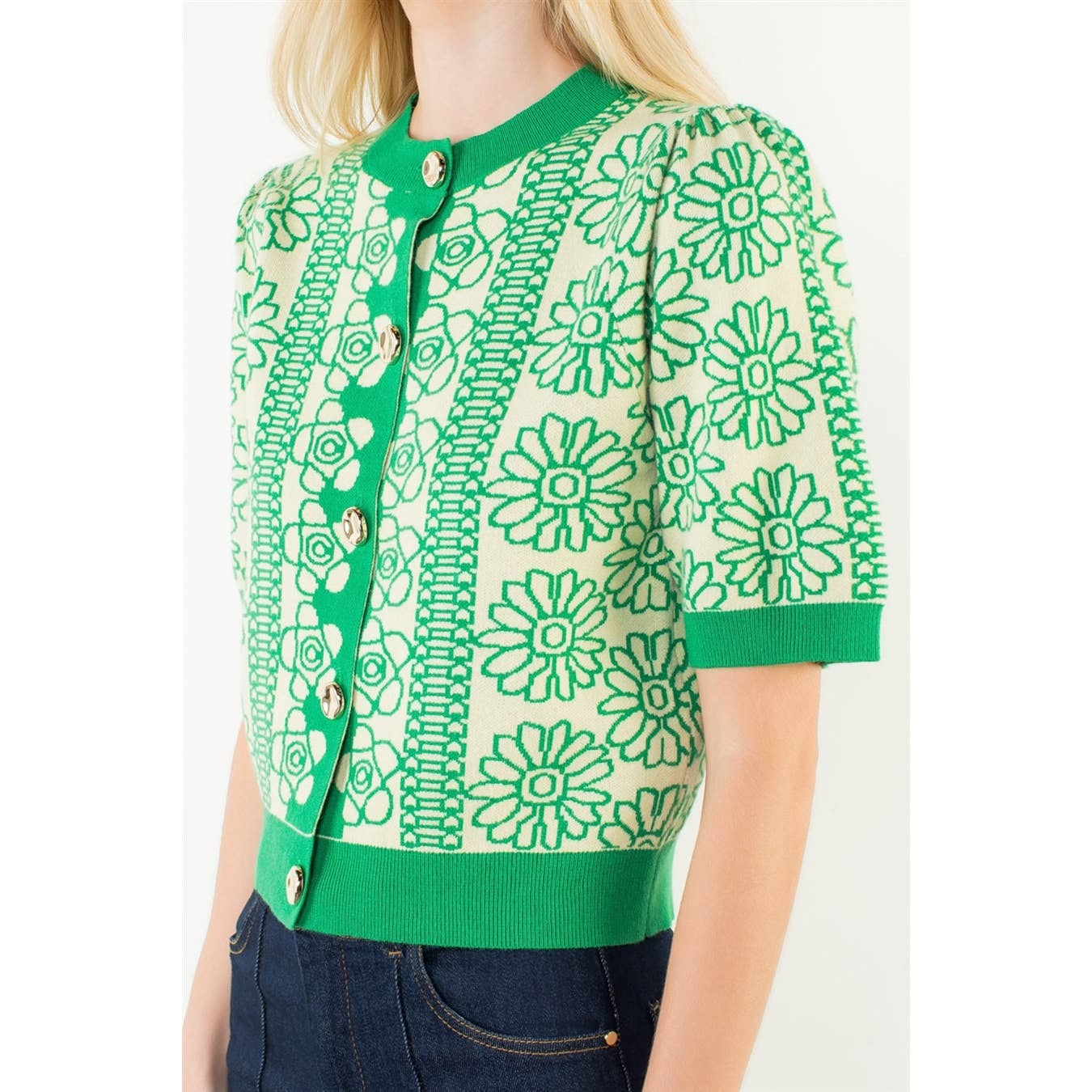 Short Sleeve Floral Pattern Button Up Top: GREEN / XS-S-M-L(1-2-2-1)