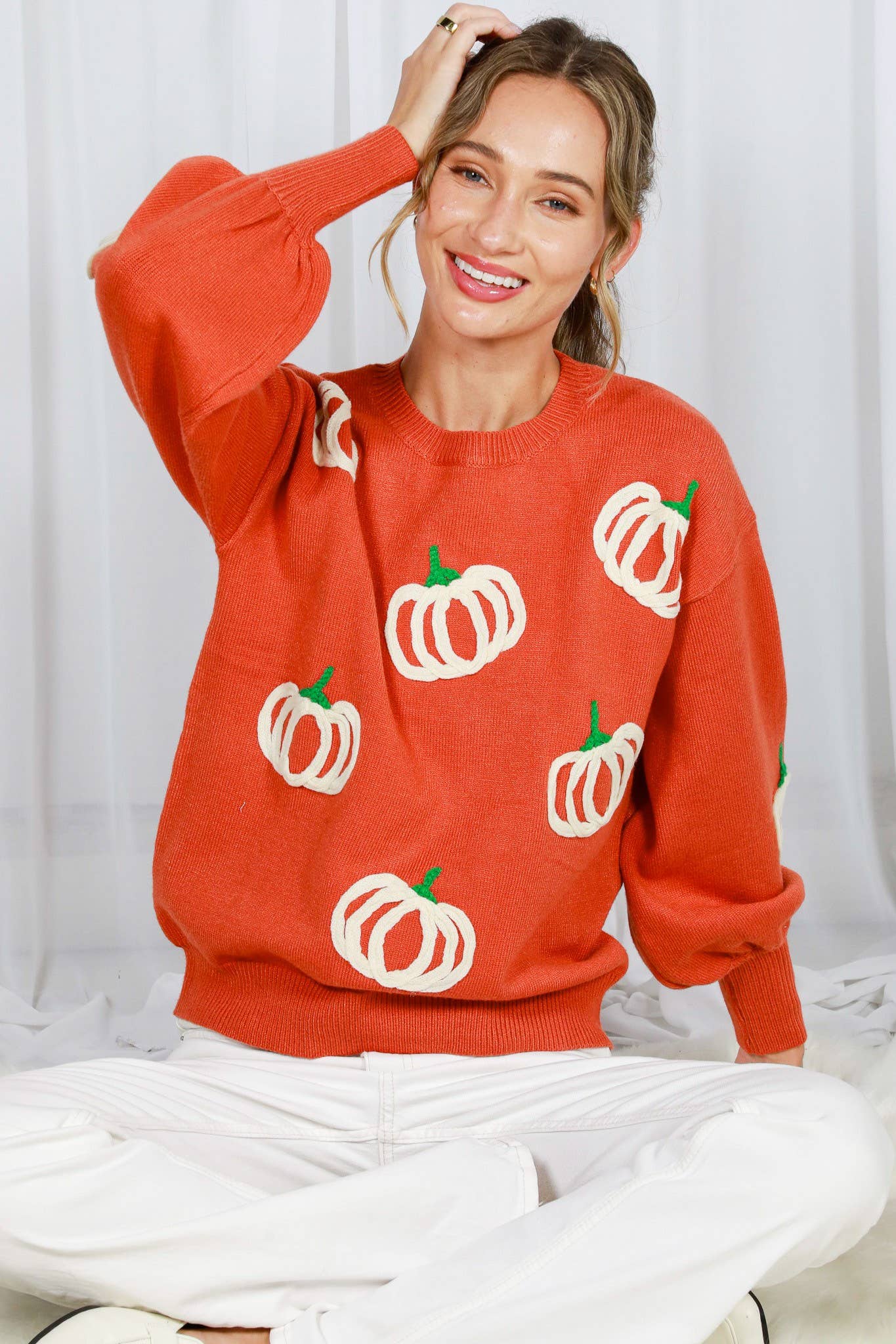 Pumpkin Embroidered Crew Neck Knitted Sweater Top VT82559: Cream / S