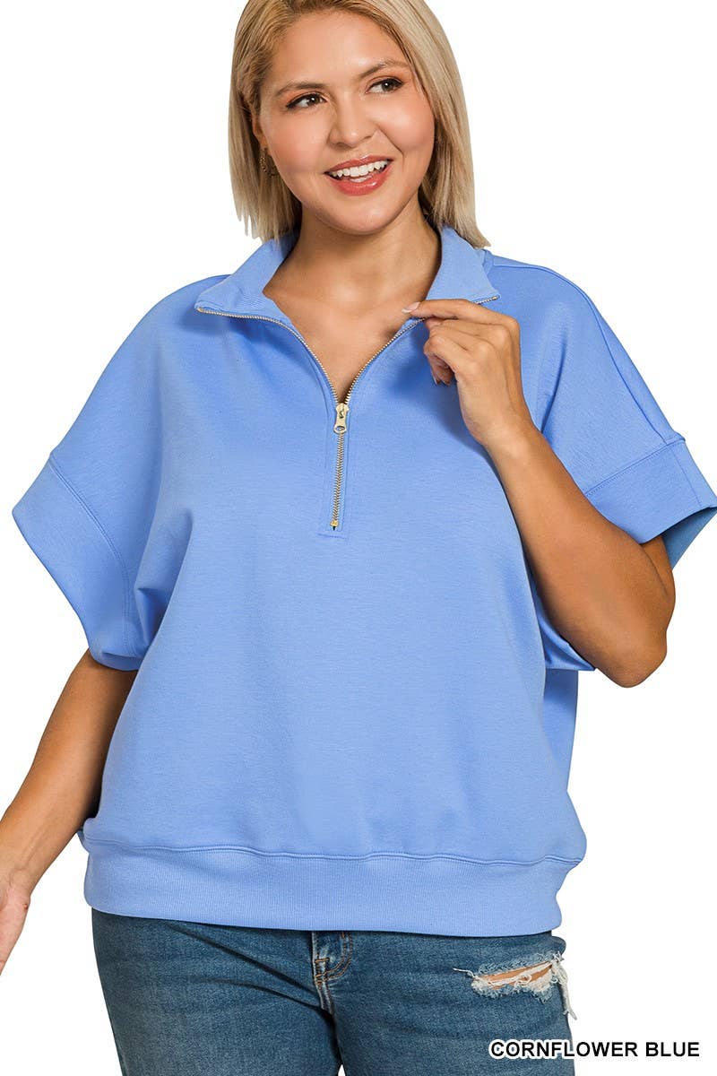 Plus Scuba High Neck Half Zip Short Slv Pullover: CORNFLOWER BLUE / 2-2-1(1X-2X-3X)