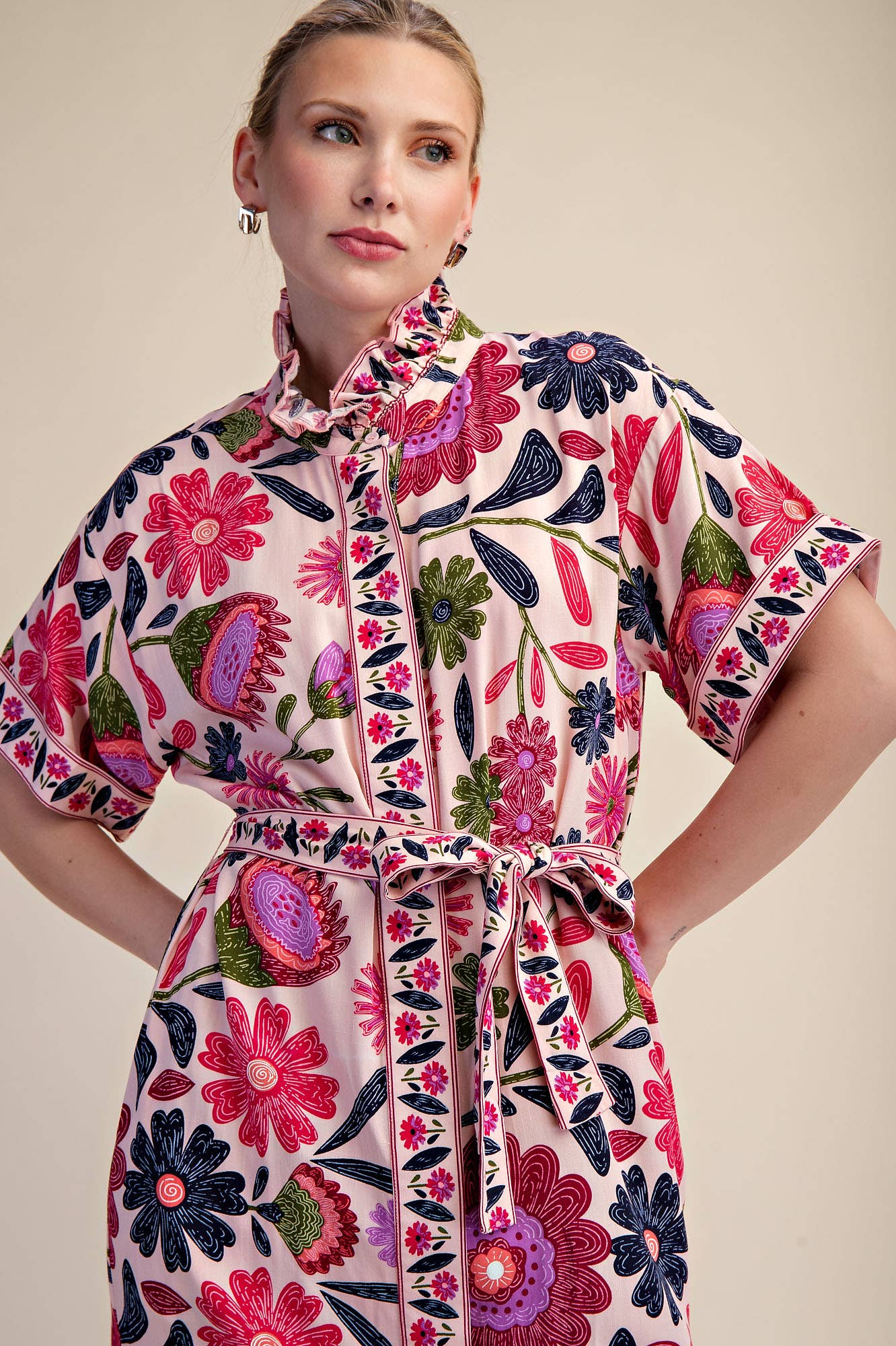 Waist Tie Belt Collar Neck Button-Up Shirts Floral Midi Dres: Coral / S