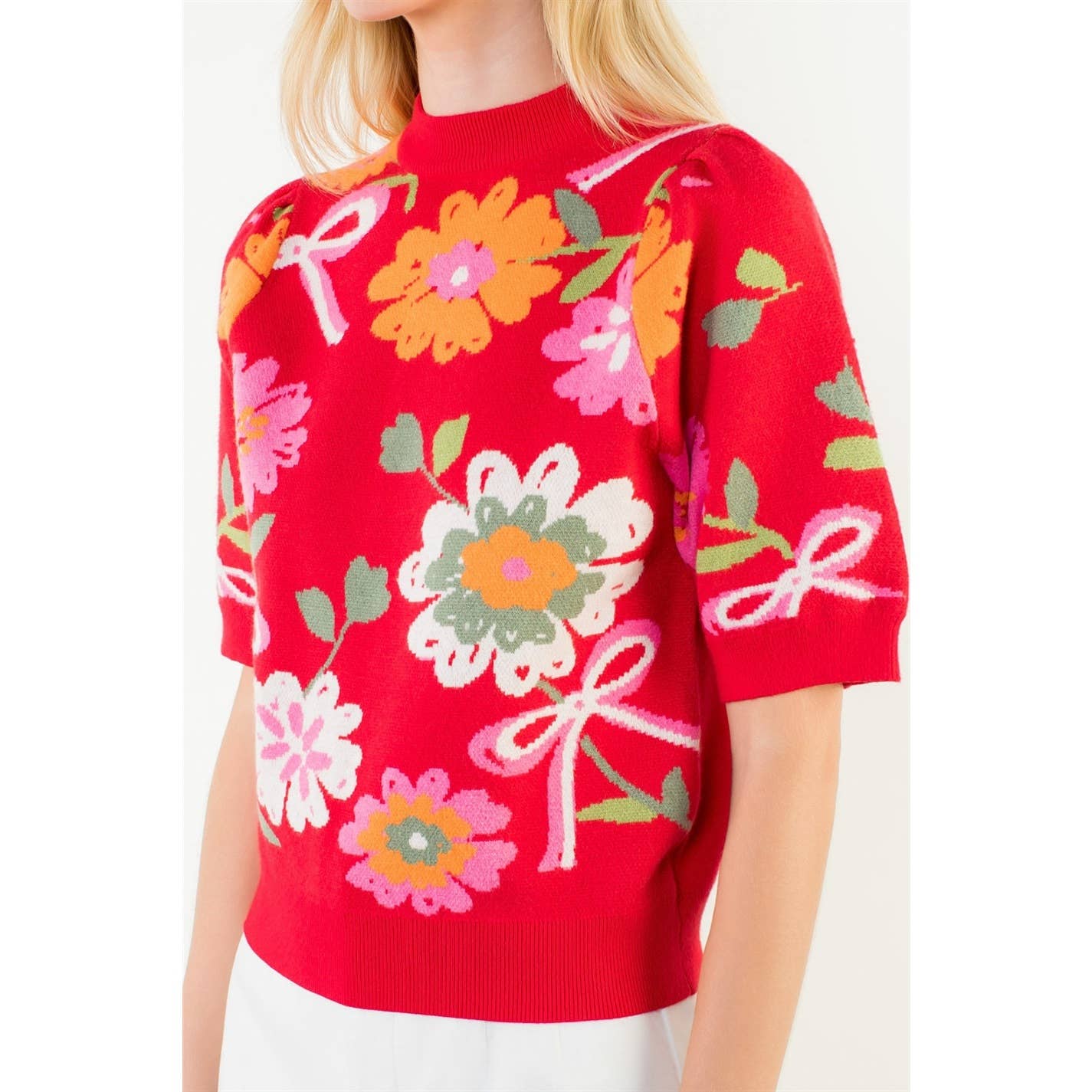 Short Sleeve Floral Detail Knit Top: RED / XS-S-M-L(1-2-2-1)