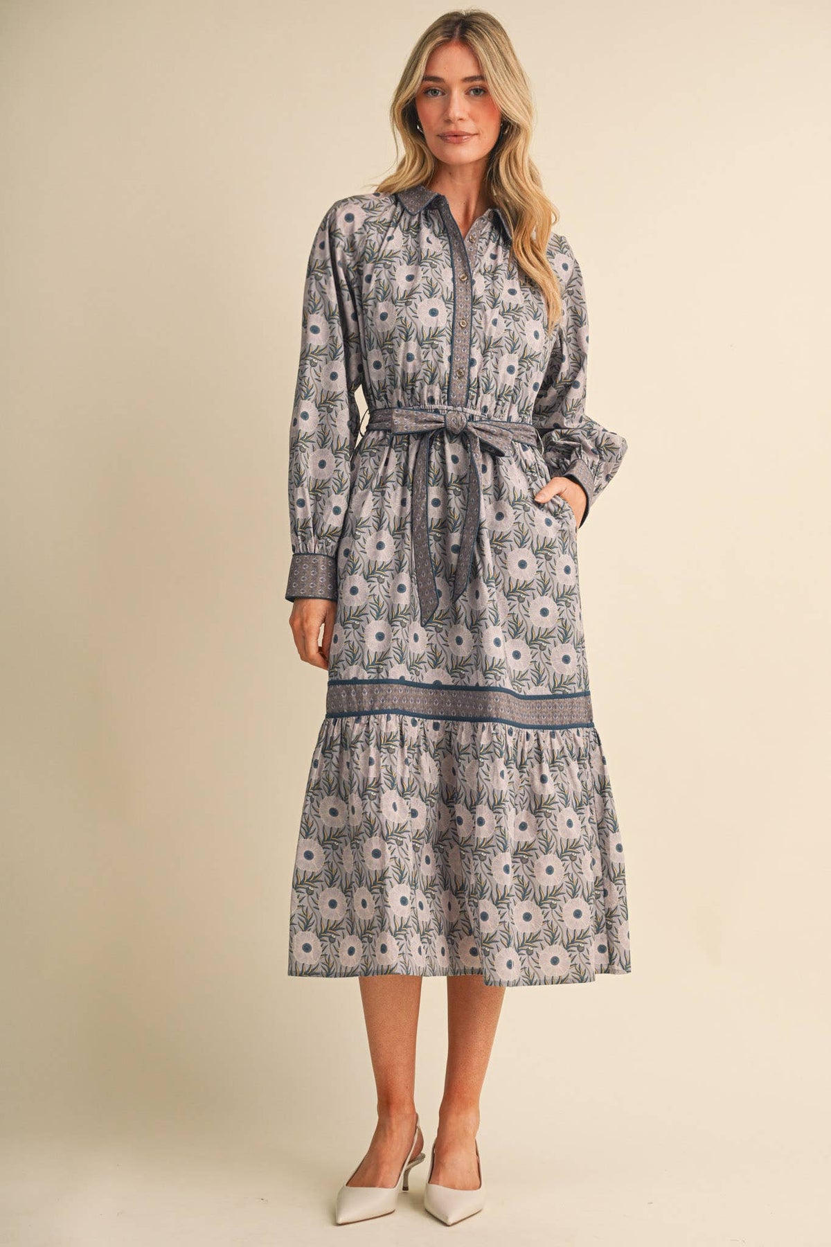 MIXED FLORAL BUTTON DOWN BELTED MIDI DRESS MDR5220: GREY TEAL / S