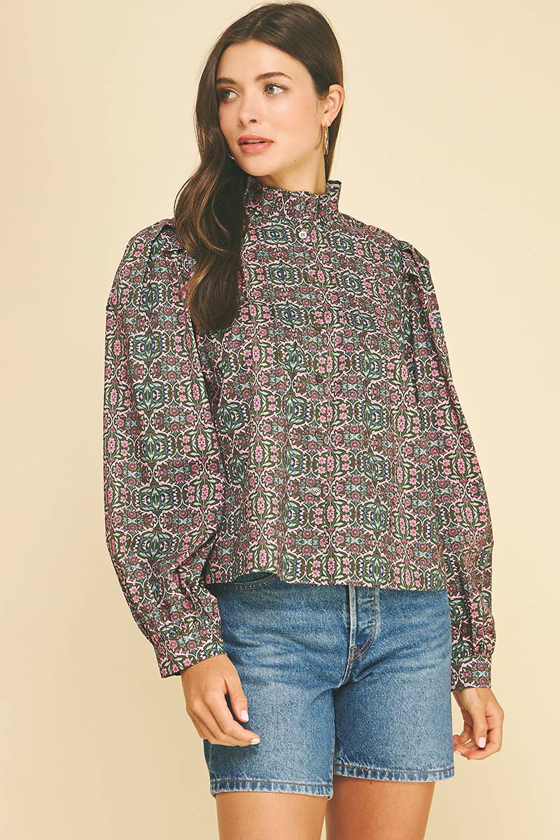 GEOMETRIC FLORAL RUFFLED MOCK NECK BLOUSE - 7594T: NAVY PINK / M