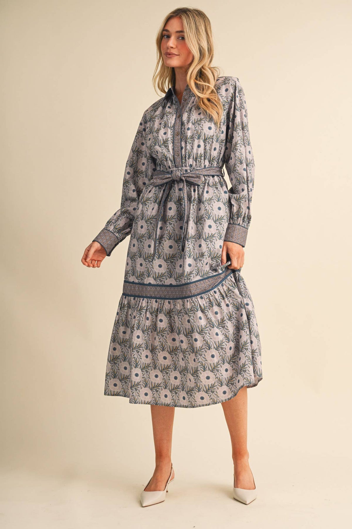 MIXED FLORAL BUTTON DOWN BELTED MIDI DRESS MDR5220: GREY TEAL / S