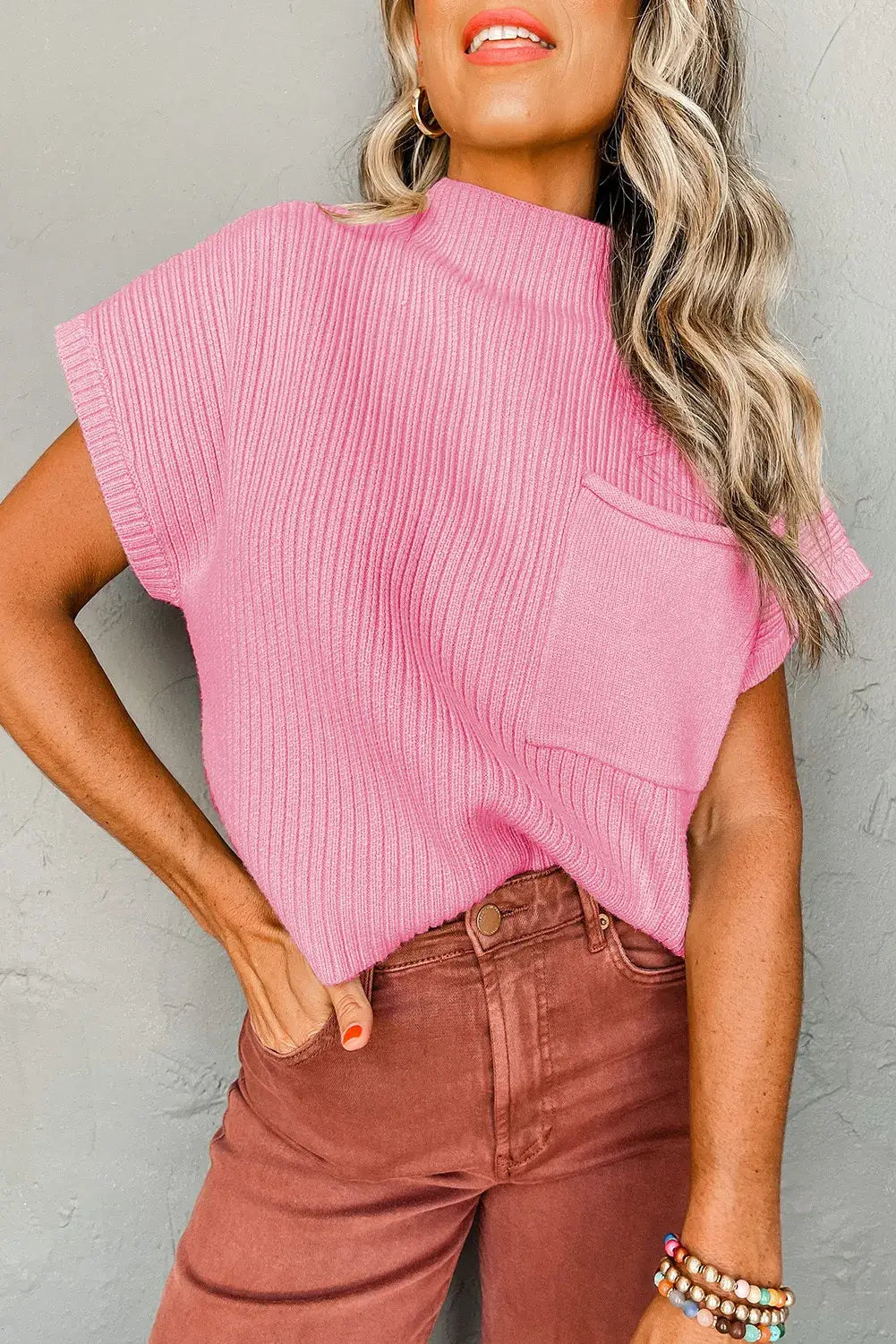 Oatmeal Patch Pocket Ribbed Knit Short Sleeve Sweater: Oatmeal / 50%Viscose+28%Polyester+22%Polyamide / L