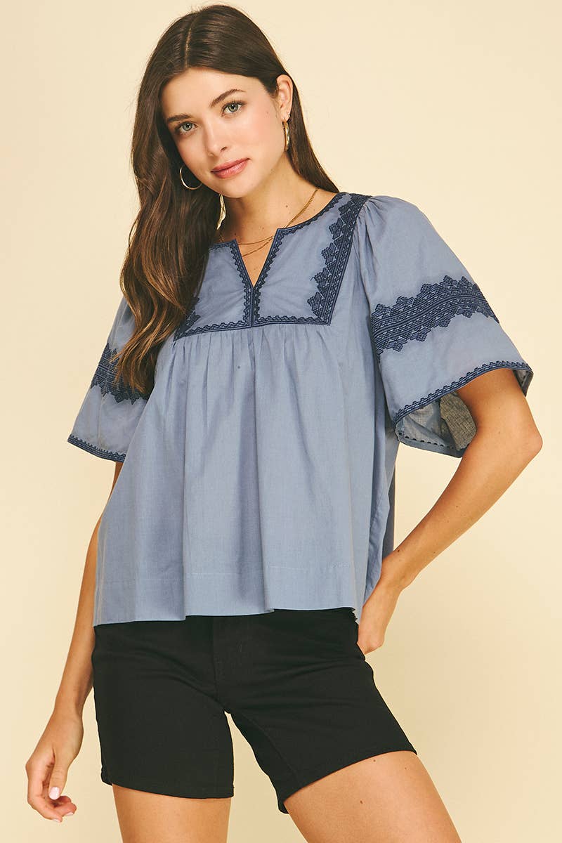 BOHO EMBROIDRED PUFF SLEEVE BLOUSE - 7132T: Blue / L