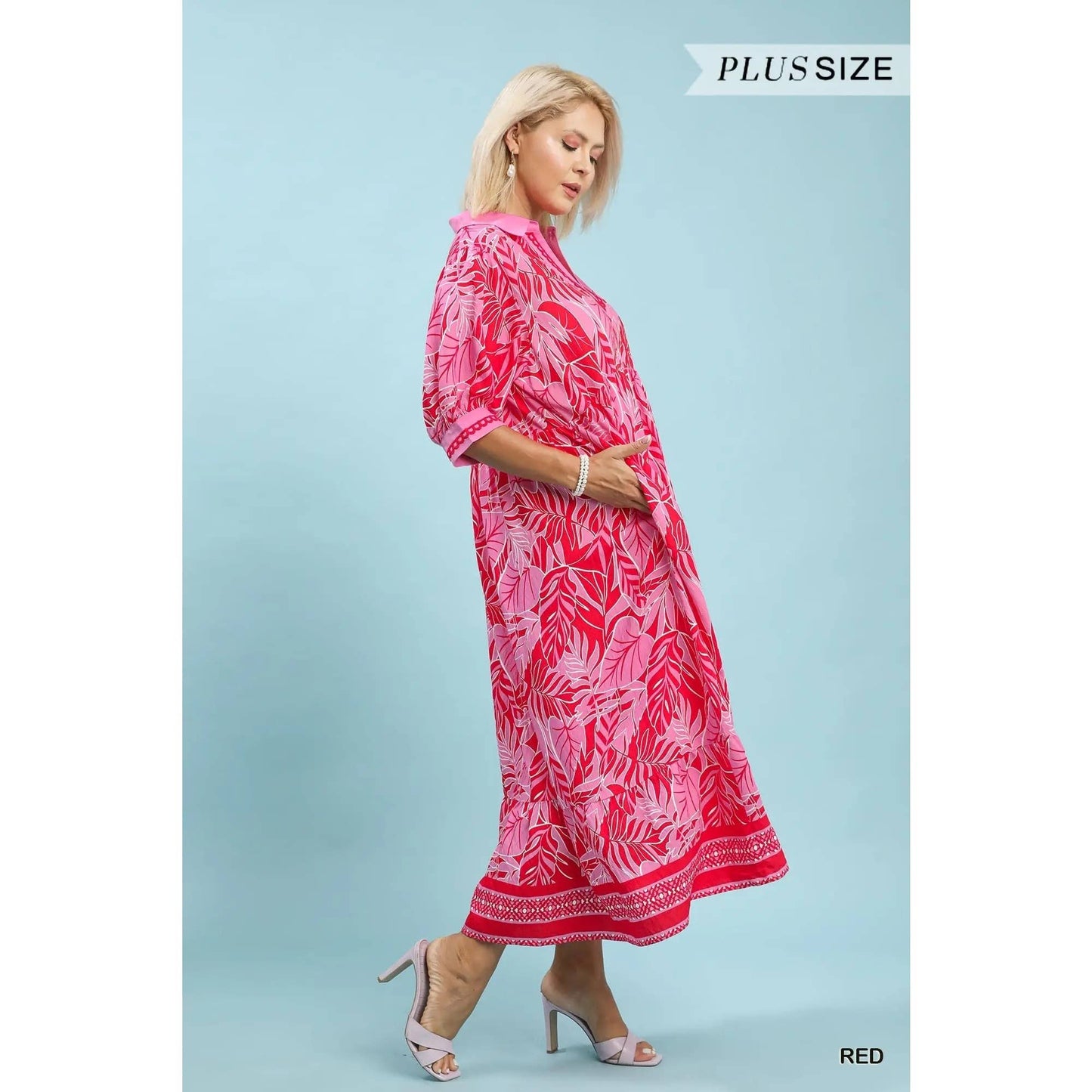 PLUS Leafy Border Print V-Neck Midi Dress : BLUE / 2X