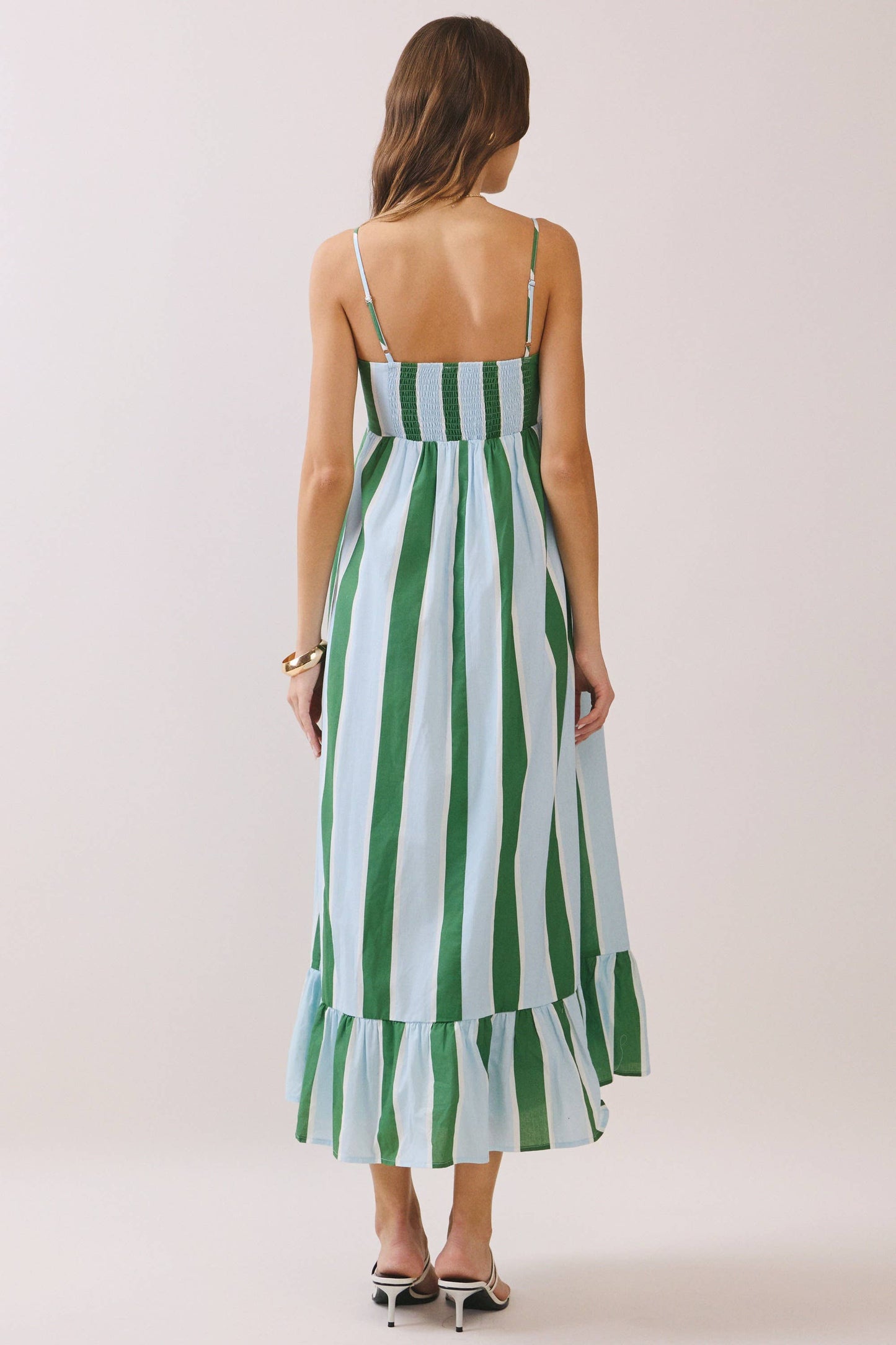 CD06828-Striped Back Smocked Detail Side Pocket Maxi Dress: Green / M