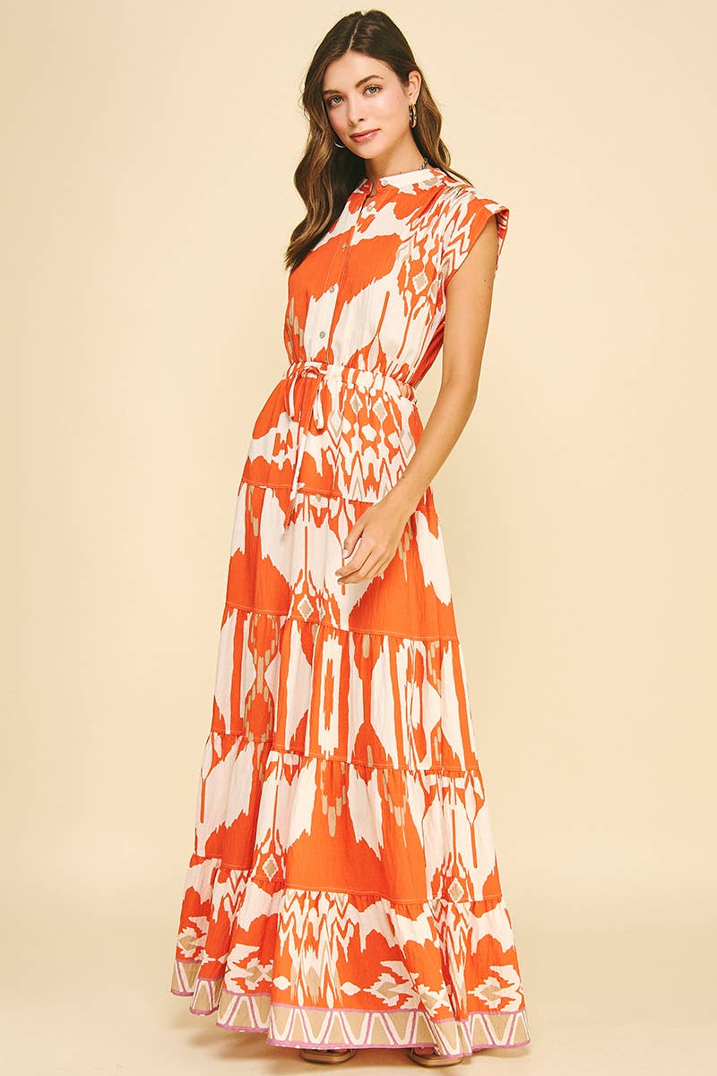 GEOMETRIC PATTERN TIERED MAXI DRESS - 6198DB: BLUE MULTI / S