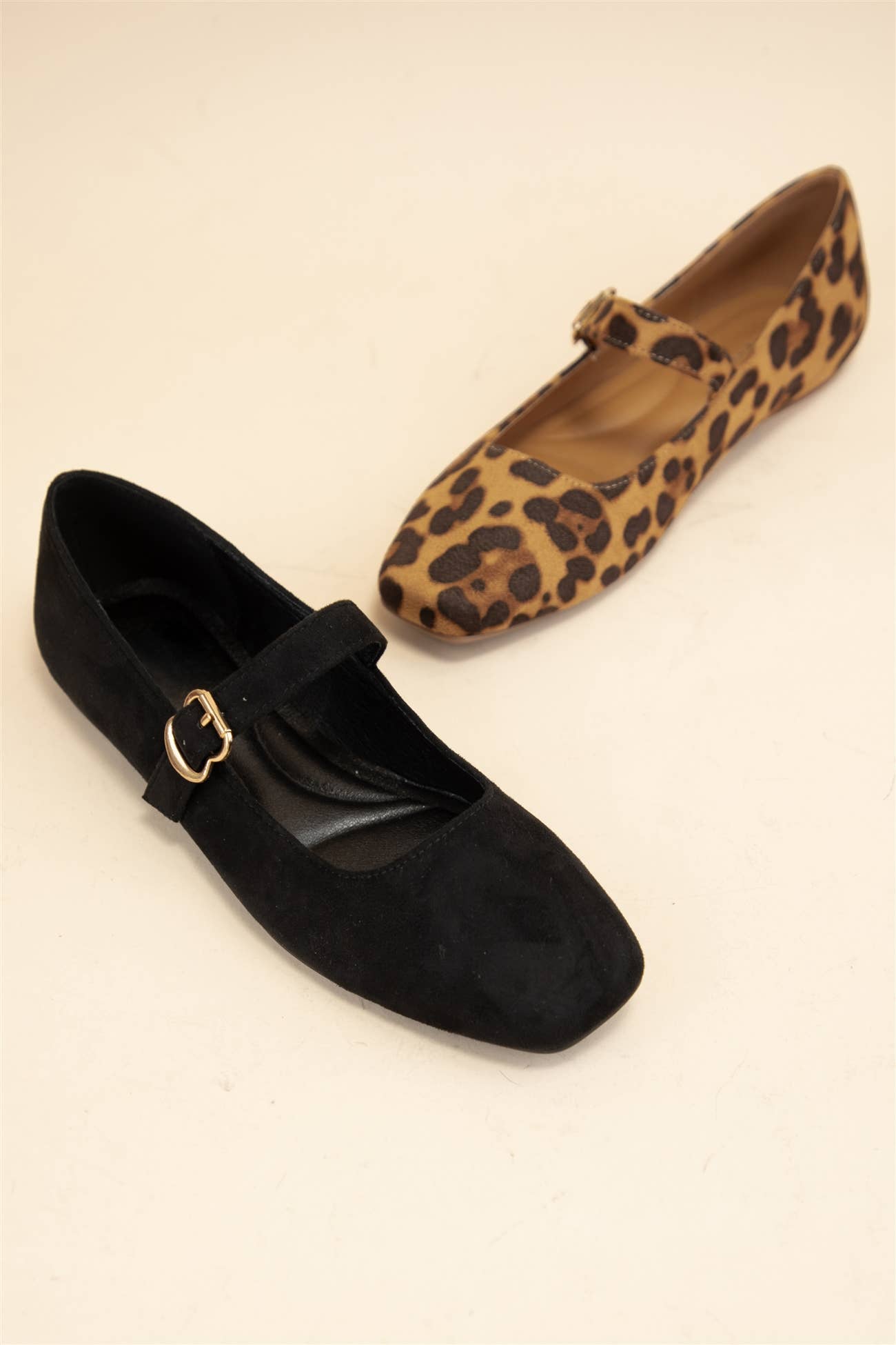 CHARLOTTE-10 BUCKLED STRAP SOFT SQUARE TOE MARY JANE FLATS: LEOPARD SUEDE / B12