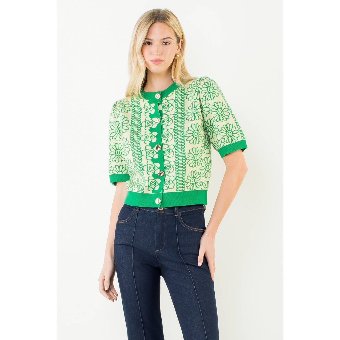 Short Sleeve Floral Pattern Button Up Top: GREEN / XS-S-M-L(1-2-2-1)