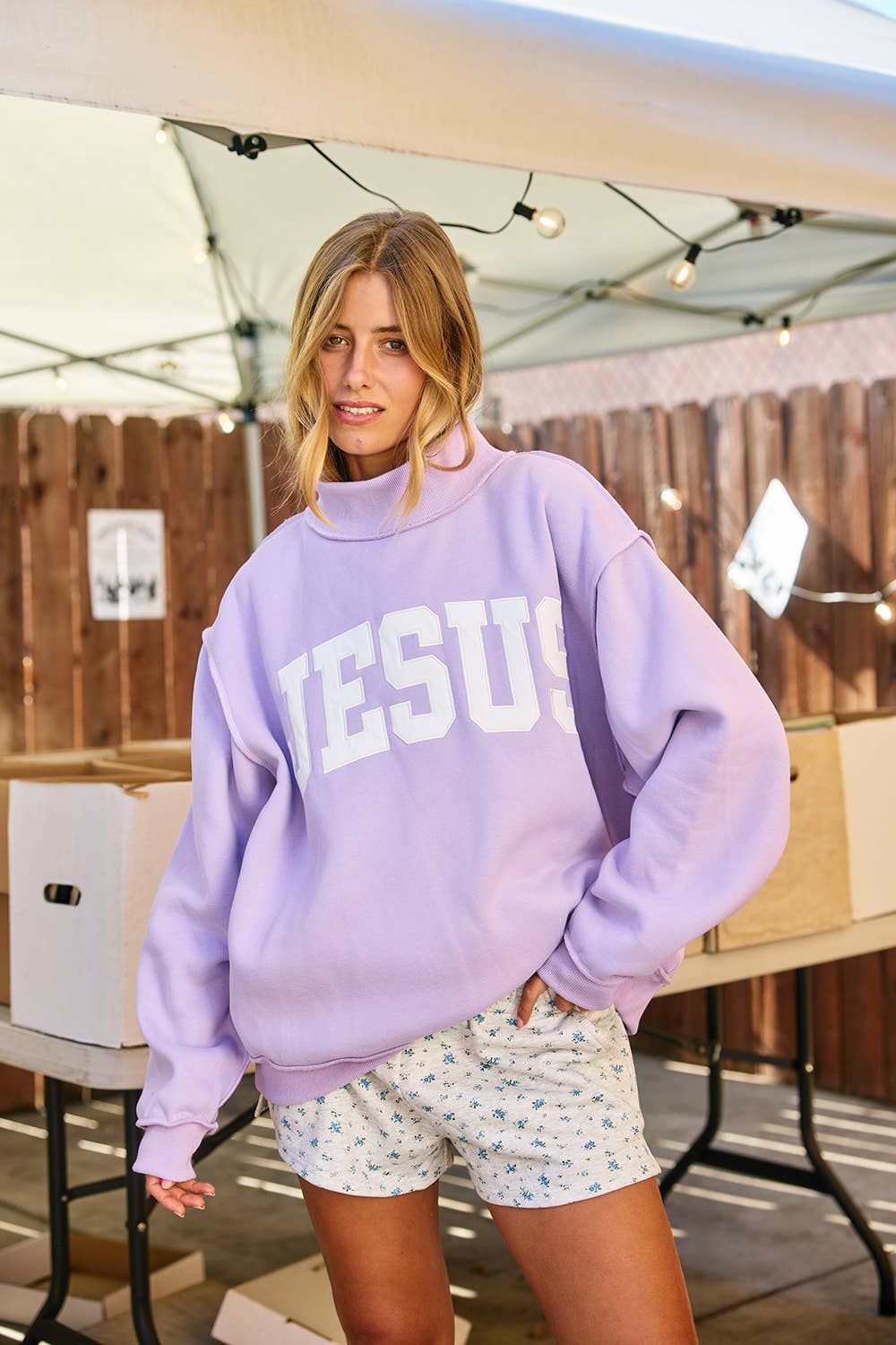 IT2594E-JESUS  'JESUS' Embroidered Mock Neck Sweatshirt : LAVENDER / S/M-L/XL (3-3)