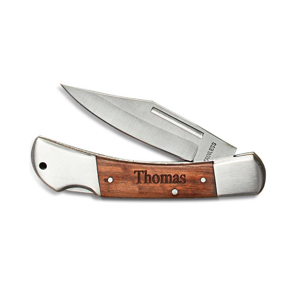 Wood Handled Locking Blade Pocket Knife – Monogram Engraved: Yes