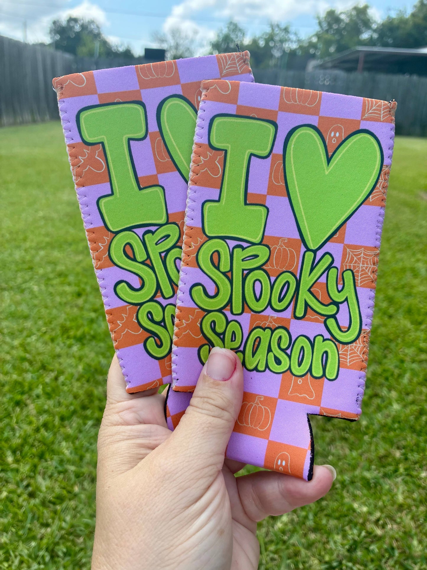 I love spooky season checkered print koozies for Halloween : Slims
