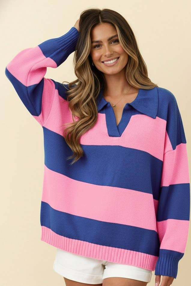 Collared Stripe Color Block Sweater Knit Top: PINK/GREEN / 2-2-2(S-M-L)