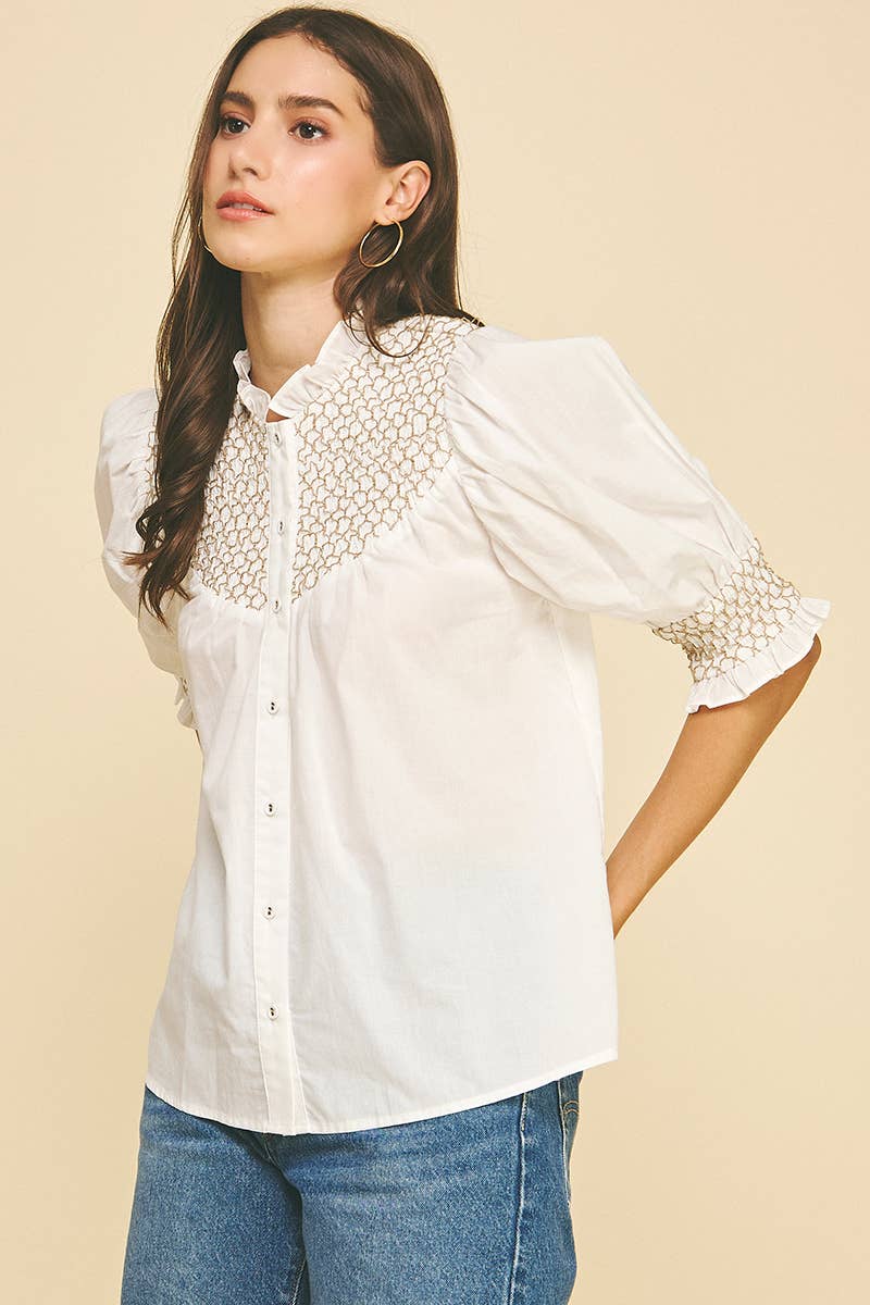 EMBROIDERED BUTTON DOWN BLOUSE TOP - 4951TB: Pink / M