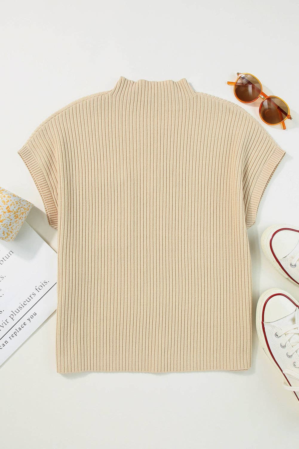Oatmeal Patch Pocket Ribbed Knit Short Sleeve Sweater: Oatmeal / 50%Viscose+28%Polyester+22%Polyamide / S