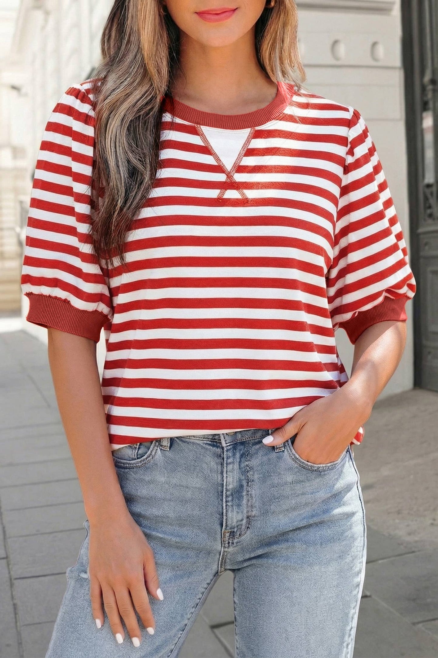 Stripe Short Bubble Sleeve Round Neck Tee | S-XL: Blue / L