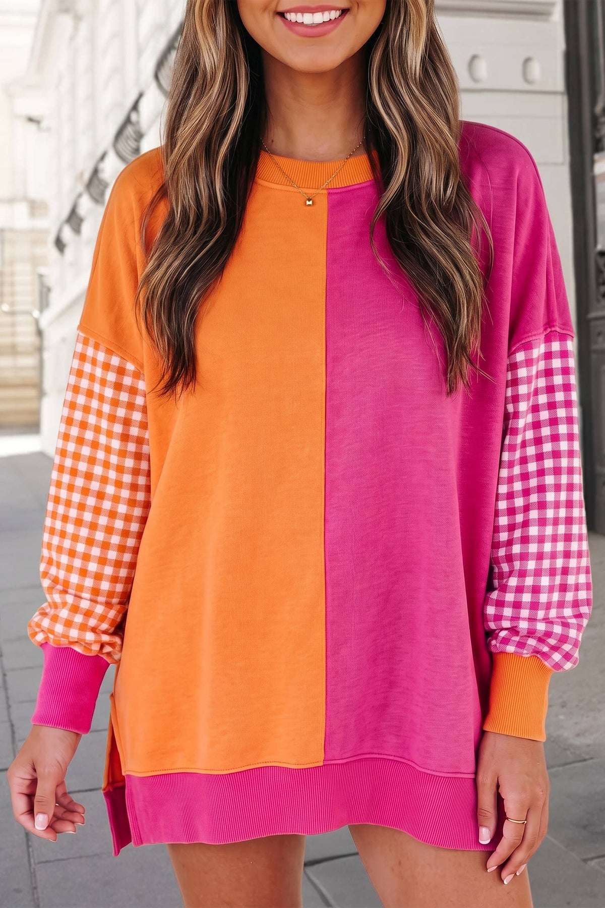 Plaid Print Crewneck Gingham Sleeve Sweatshirt FW26 | S-XL: Rose Red / L