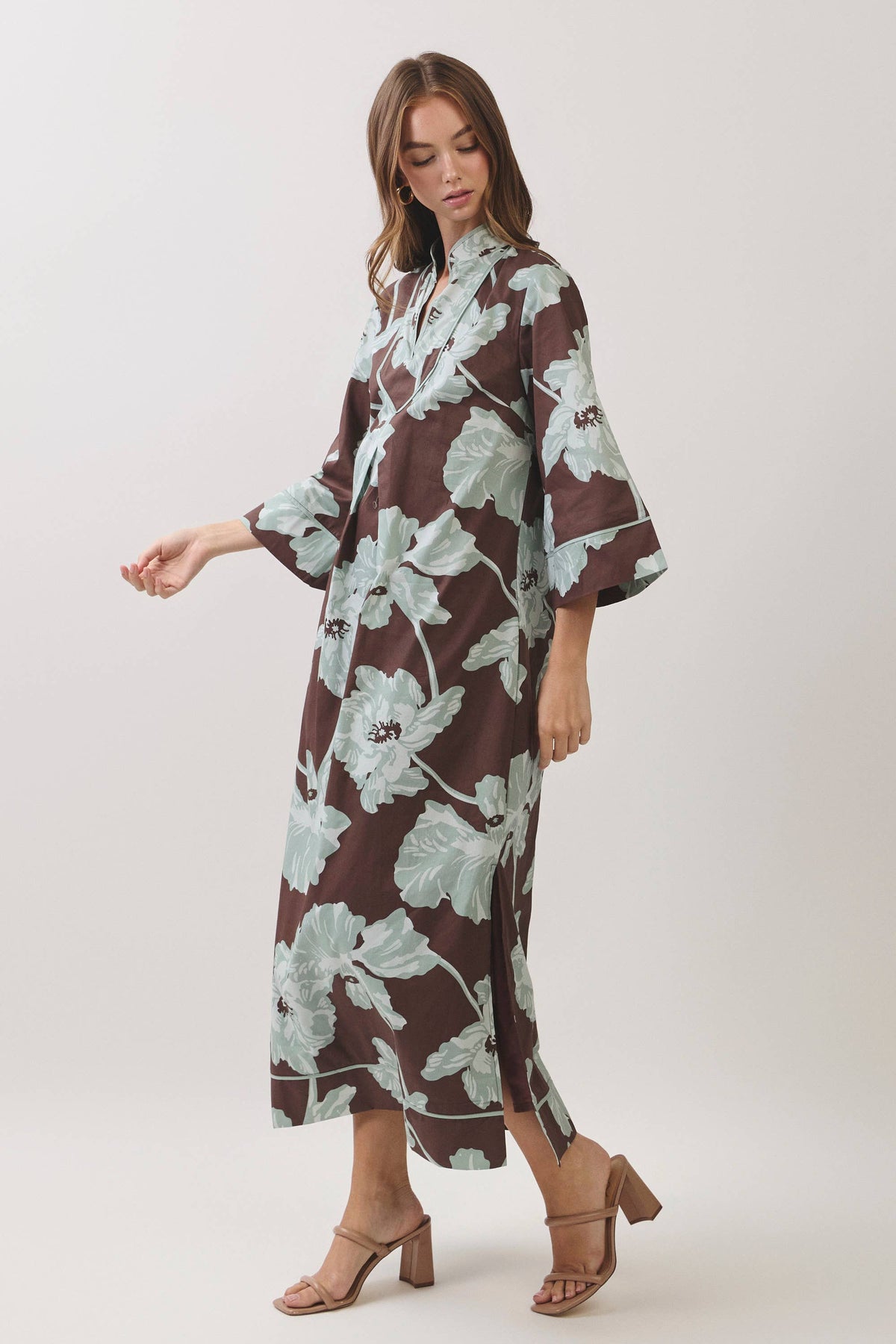 CD07560-Floral Print Caftan Maxi Dress: Chocolate / L