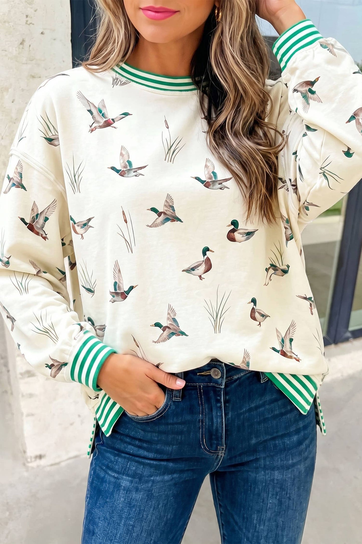 Mallard Duck Print Striped Trim Pullover | S-XL: Beige / S