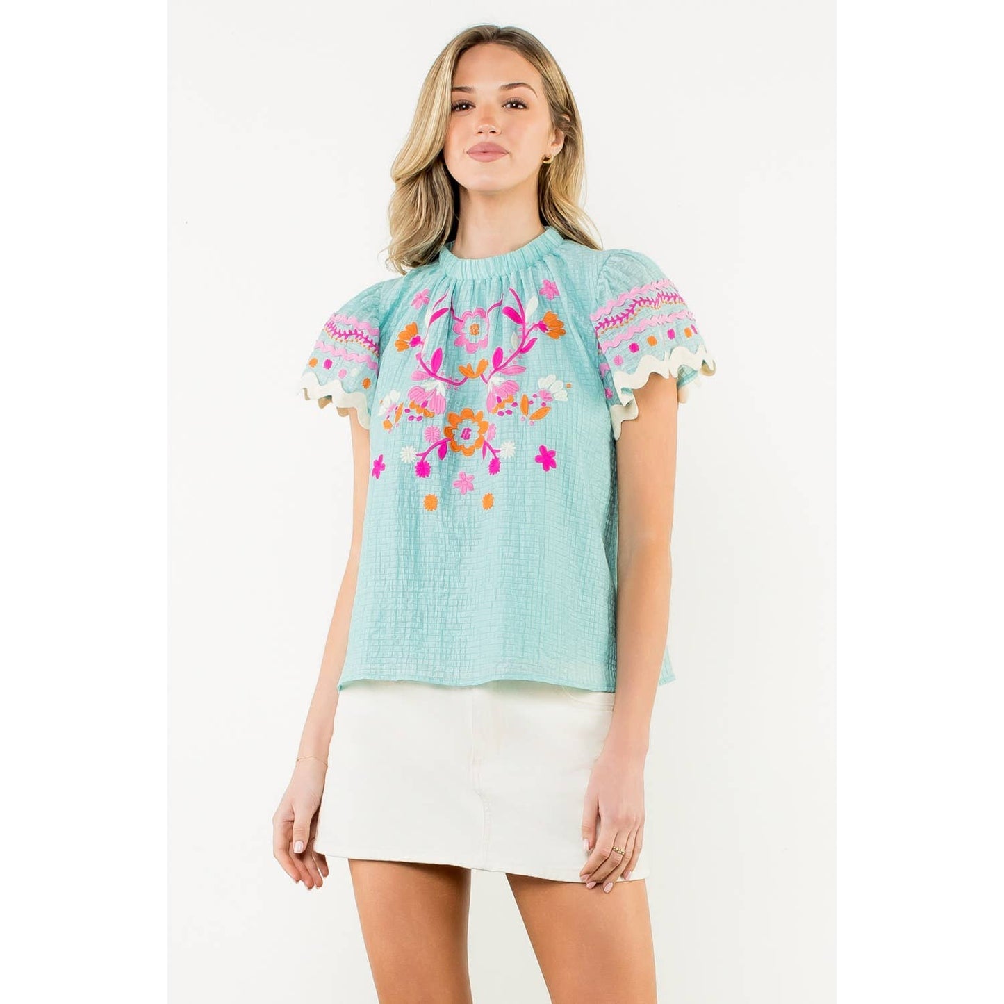 Flutter Sleeve Embroidered Detail Textured Top: AQUA / XS-S-M-L(1-2-2-1)