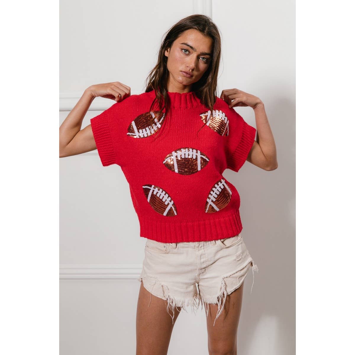 SEQUIN FOOTBALL PATCHES RIB BANDED SWEATER: OATMEAL / M