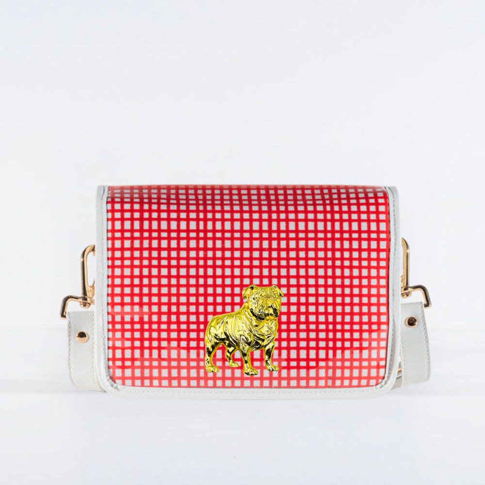 Red and White Grid Clear Stadium Bag with Bulldog (white trim)