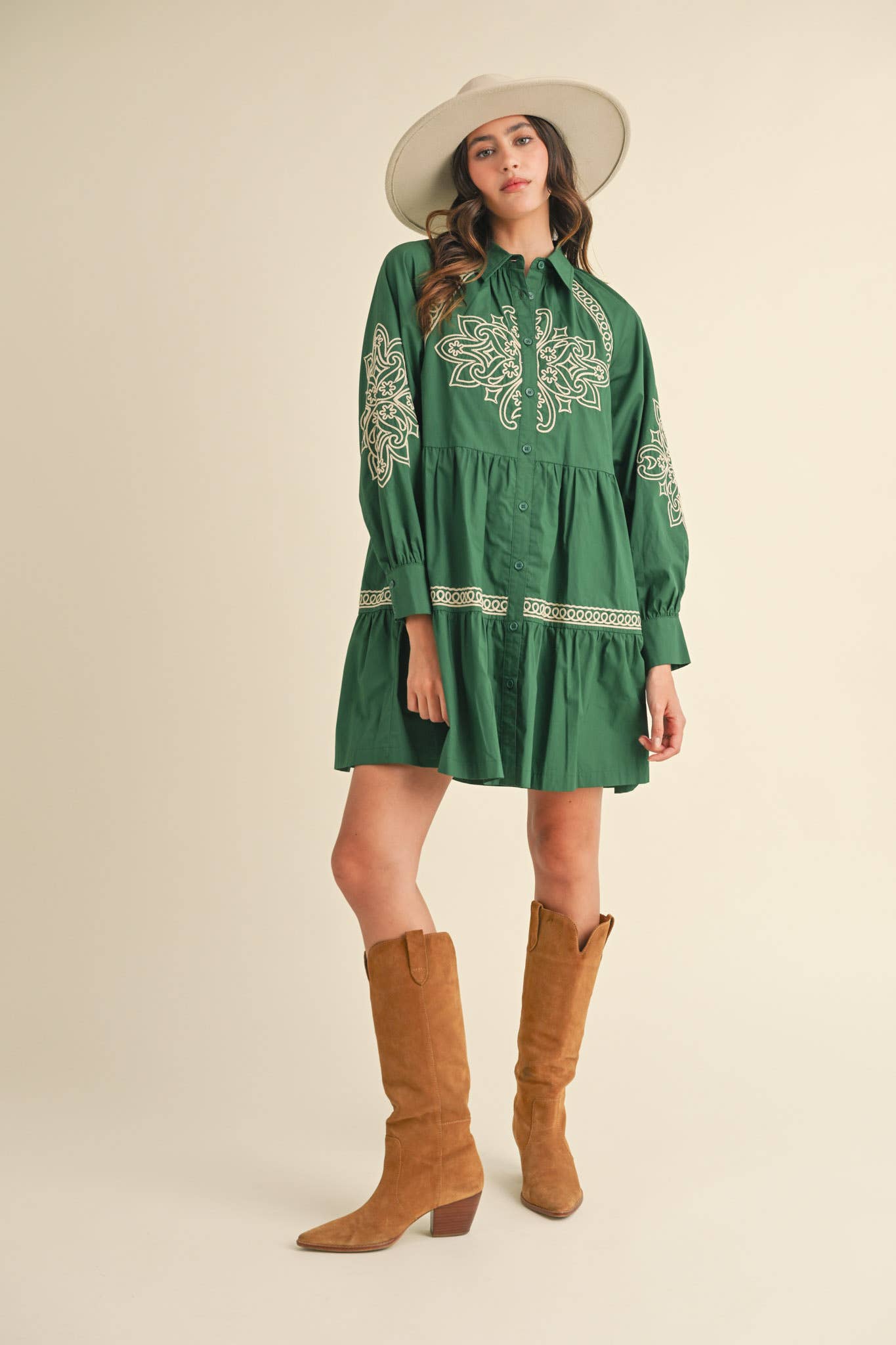 EMBROIDERED BUTTON DOWN MINI DRESS MDR3513: Hunter Green / M