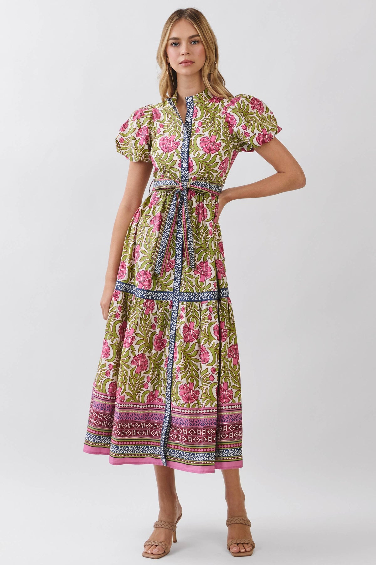 CD07204-Floral Border Print Tie Waist Maxi Dress: Green / M