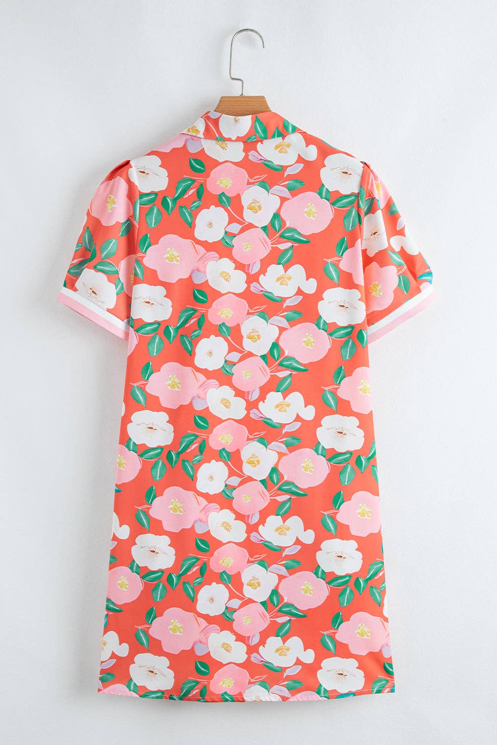Fresh Salmon Floral Print Contrast Striped Trim Polo Collar T Shirt Dress: Fresh Salmon / 100%Polyester / M