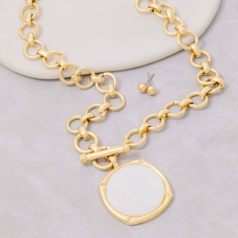 Rounded Mother Of Pearl Disc Pendant Necklace  Set: MOP