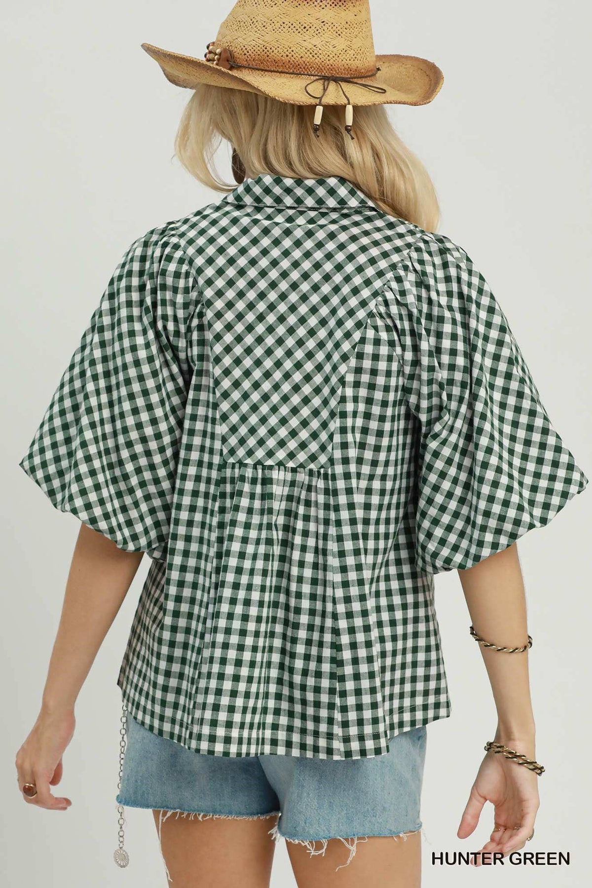 Gingham Smocked Yoke Puff Sleeve Blouse: BLACK / 2-2-2(S-M-L)
