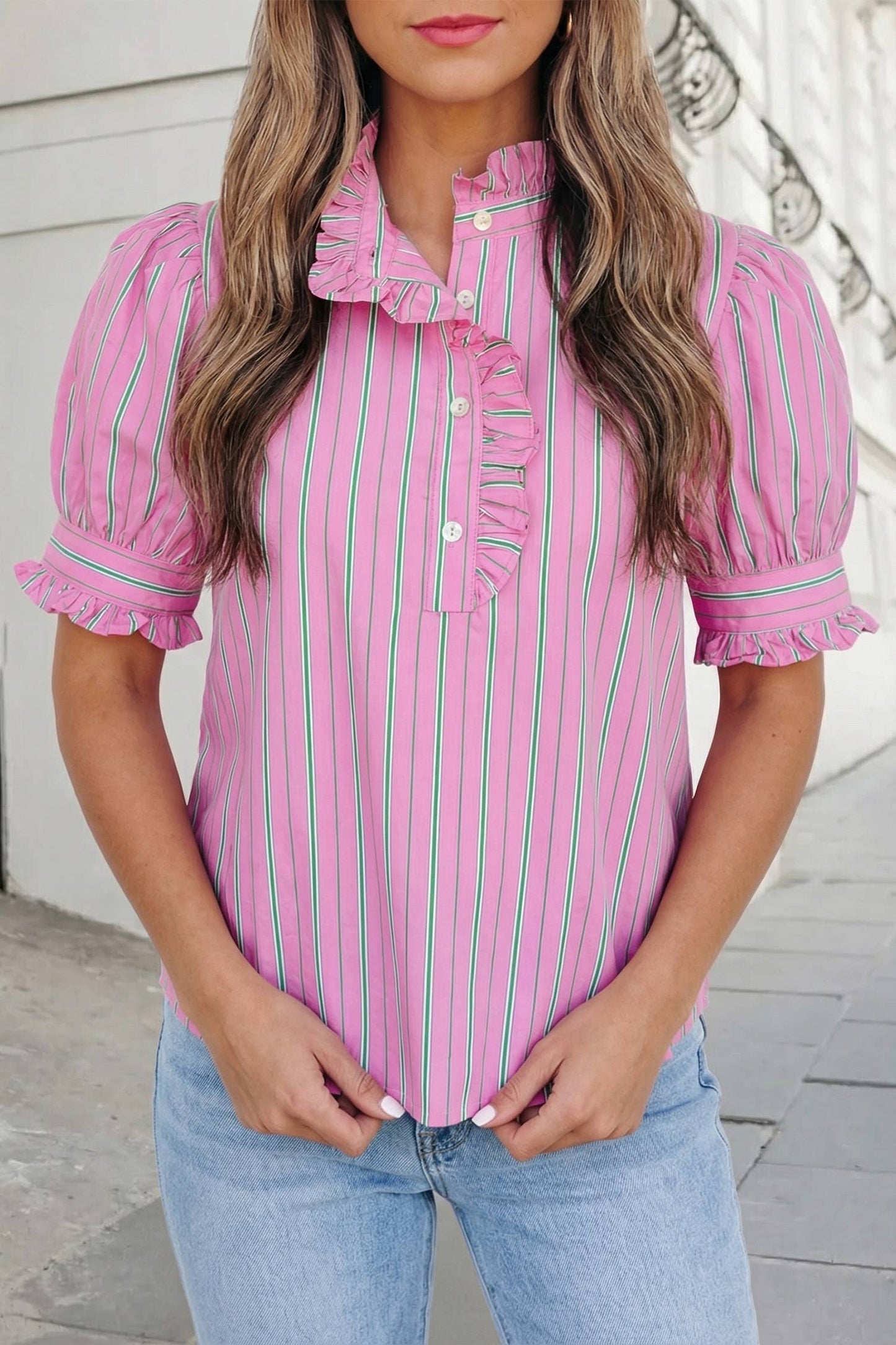Striped Print Ruffle Neck Blouse | S-XL : Pink Stripe / L