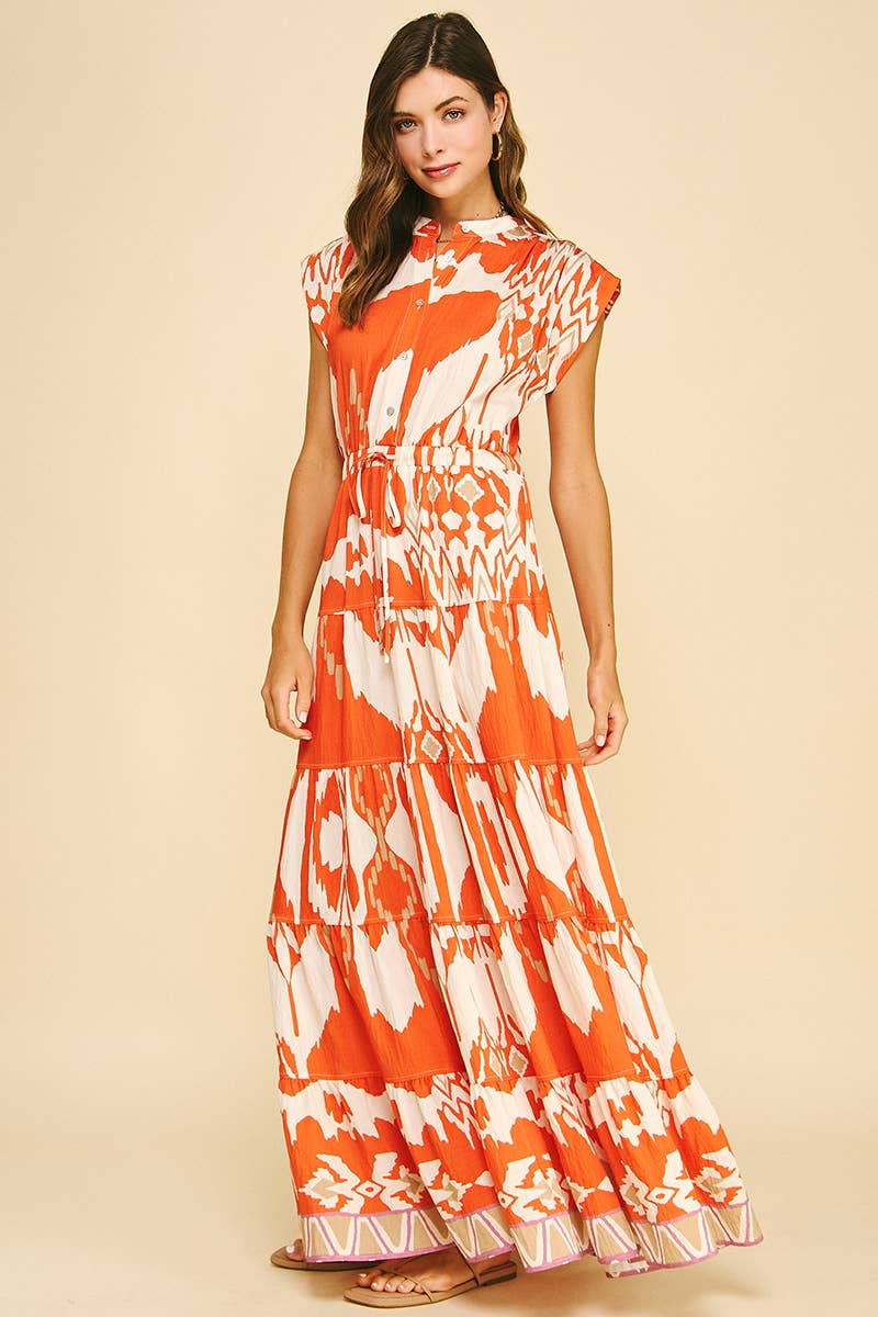 GEOMETRIC PATTERN TIERED MAXI DRESS - 6198DB: BLUE MULTI / S
