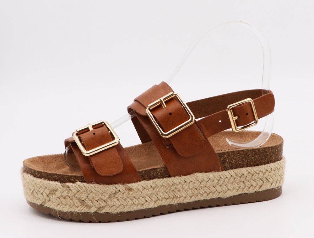 Bamboo BRAKE-07 Espadrille Cork Sole Double Buckle Sandals: GOLD METALLIC PU / 12BF-6(1)-7(2)-8(4)-9(3)-10(2)