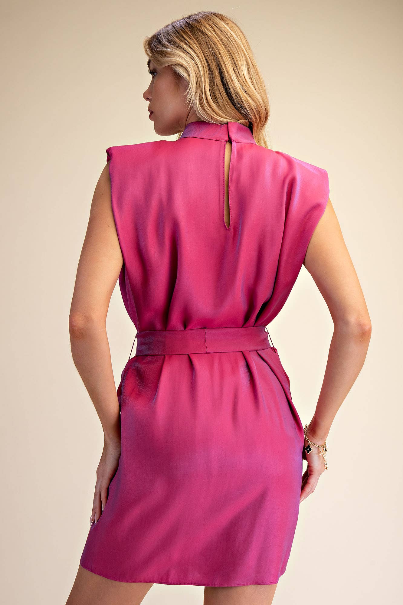 Mock Neck Shoulder Padded Waist Tie Mini Satin Dress: Fuchsia / L